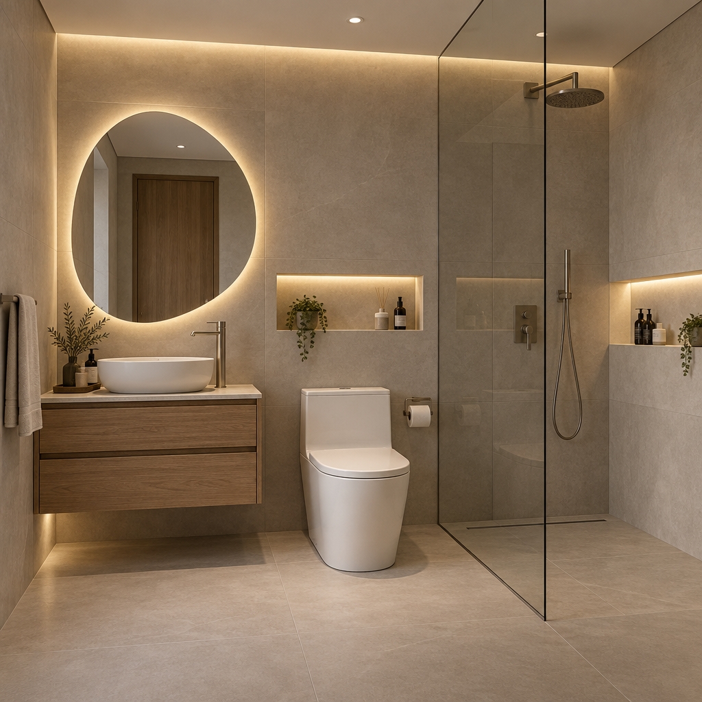 Photorealistic interior architectural rendering of a modern luxury compact bathroom, dimensions 1.45m by 2.15m, ceiling height 2.65m. On the main back wall, a sleek floating wood vanity cabinet with a countertop white ceramic basin and a high countertop-mounted single-lever faucet, accompanied by a large round backlit organic mirror, placed directly next to a luxury high-end floor-mounted one-piece modern white toilet. Above the toilet, a custom horizontal illuminated recessed niche. On the right, a frameless glass walk-in shower enclosure featuring a full-width horizontal illuminated recessed niche for toiletries. Large-format neutral microcement and porcelain floor tiles, soft architectural cove lighting, realistic soft shadows, ray tracing, 8k resolution, editorial interior design photography.