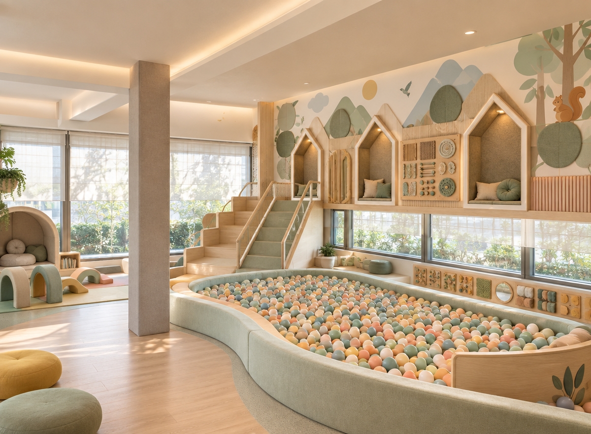 An incredibly lifelike, richly detailed, photorealistic wide-angle shot of a preschool indoor playground set in a bright, modern, and inclusive educational environment. The scene is illuminated by soft, diffused natural sunlight filtering through expansive floor-to-ceiling windows, creating a calming, balanced, and inviting atmosphere. Captured with a 24mm wide-angle lens, emphasizing the tactile textures of high-quality, sustainable materials and the soft, rounded forms of the play structures.

The architecture remains true to the original layout, featuring a central structural column that anchors the space, while the atmosphere is transformed into a sensory-friendly oasis. A sprawling ball pit, defined by soft-touch, padded edges, is filled with a curated palette of mint green, sky blue, warm yellow, and coral spheres that feel gentle on the eyes. Beside the elevated platform—now accessible via a gentle, integrated ramp with child-scaled handrails—the rear wall serves as a canvas for a clean, organic mural of stylized nature scenes in pastel tones. Integrated sensory stations, including tactile wooden panels and acoustic-dampening wall tiles, are nestled strategically alongside cozy, rounded "nooks" lined with plush cushions for quiet regulation. The floor transitions seamlessly between light, warm-toned oak and soft, slip-resistant recycled rubber, ensuring a path for mobility aids and free movement. Every element, from the warm, dimmable LED lighting to the rounded edges of the furniture, reflects a thoughtful, neuro-inclusive design that balances active play with serene, comfortable spaces for exploration.