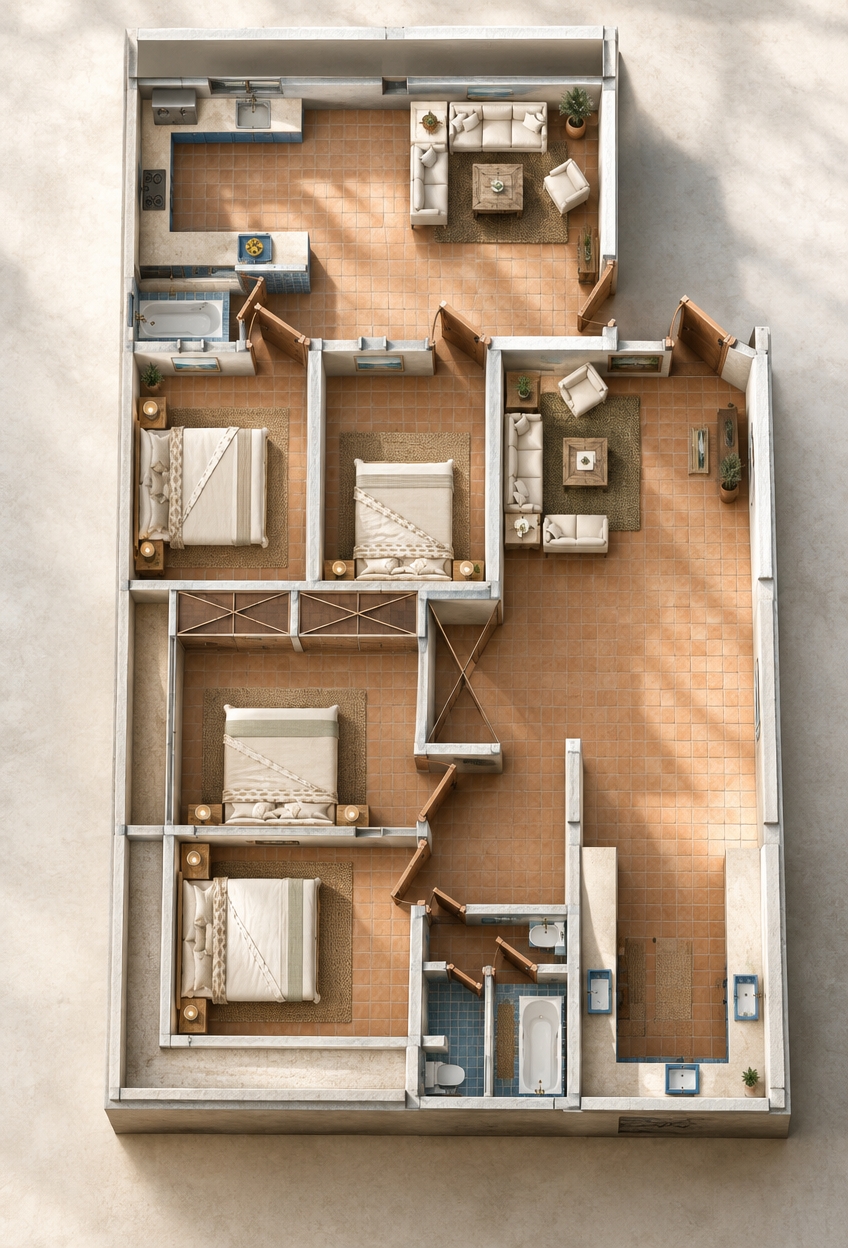An incredibly lifelike, richly detailed, photorealistic top-down architectural bird's-eye view of a multi-suite Mediterranean retreat set in a light-filled exhibition space. The scene is illuminated by brilliant midday sunlight streaming softly from overhead, creating a relaxed, sun-drenched, and warmly inviting atmosphere. Captured with a high-resolution medium-format camera and a sharp tilt-shift lens, emphasizing the tactile textures of weathered terracotta floor tiles, textured whitewashed walls, and rough-hewn timber finishes. Throughout the thoughtfully divided layouts, intimate lounge areas feature plush, warm neutral sofas arranged over woven olive-toned jute rugs around reclaimed wood coffee tables holding glossy photography books. The bedrooms display soft linen-draped beds flanked by wrought iron lamps, while open kitchens and adjoining baths glisten with glazed Mediterranean blue ceramic tiles, stone countertops, and deep porcelain tubs. Potted olive trees, framed coastal landscape art, and delicate terracotta pottery bring an authentic, earthy serenity to this casual, rustic haven.