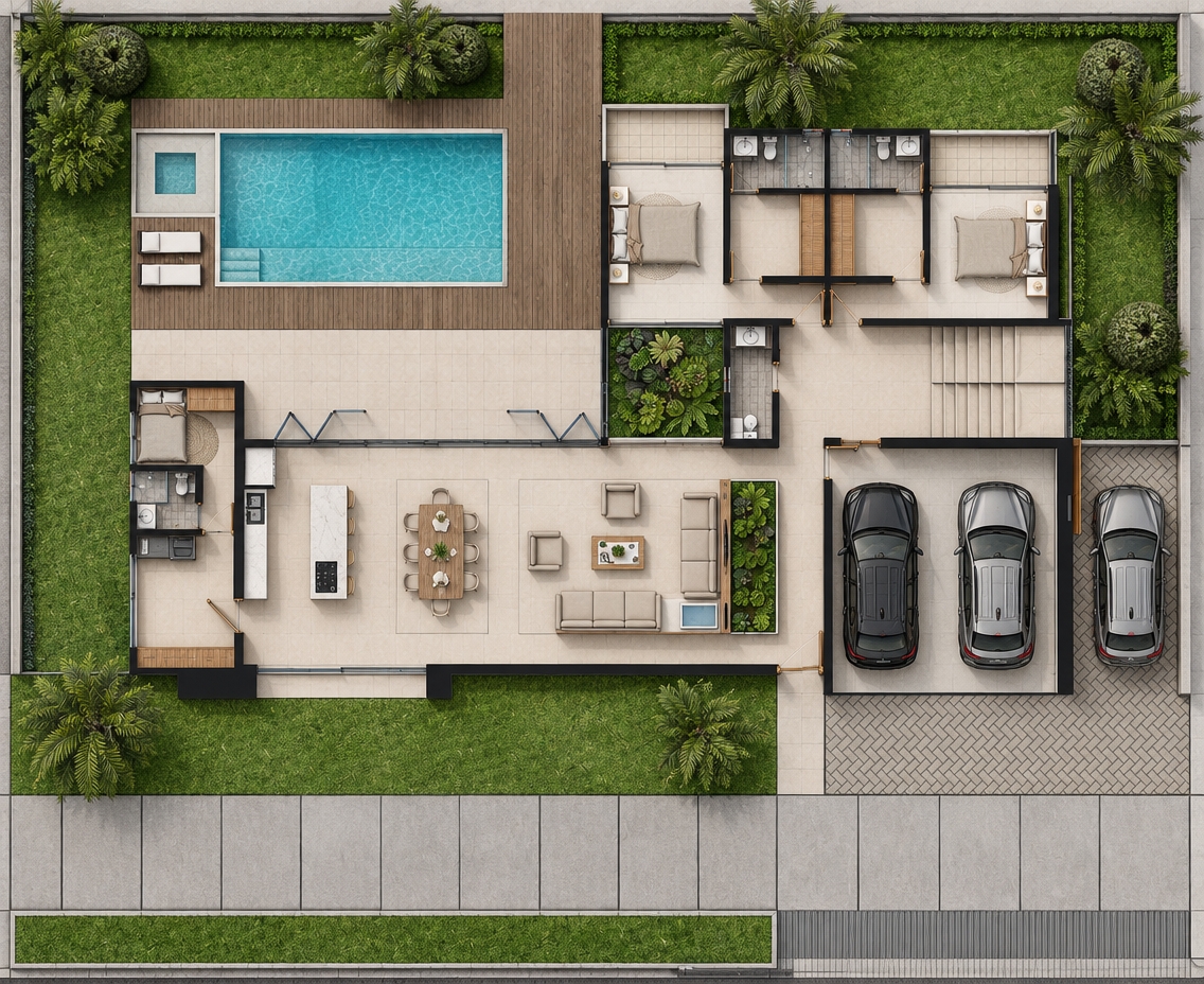 A clean, high-resolution direct top-down orthographic architectural photograph of the cutaway floor plan, evenly lit by bright natural daylight casting soft, realistic shadows from the walls, furniture, and landscaping. The main interior spaces are finished in smooth matte light beige porcelain tiles, the bathrooms feature textured gray wood-tone porcelain, and the cabinetry and furniture display clean light natural oak finishes. Around the clear turquoise swimming pool is a dark wood plank deck, bordered by dark beige exterior paving and detailed driveway pavers beneath realistic vehicles. The surrounding yard exhibits lush, textured natural green lawn and vibrant palm trees, captured with sharp architectural clarity, balanced color temperature, and accurate surface micro-textures throughout.