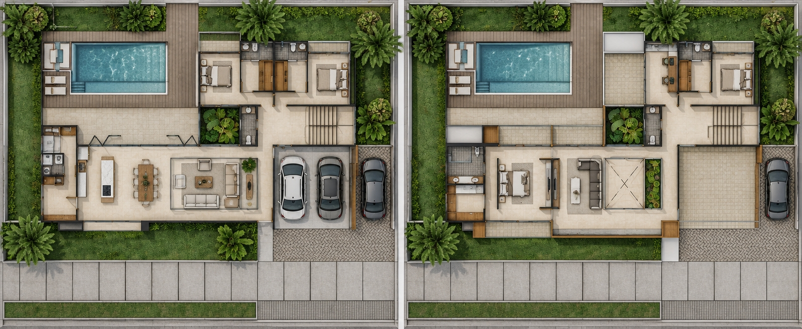A crisp orthographic top-down architectural photograph of the dual floor plans, strictly preserving the original layout, geometry, and placement. Interior living areas are finished in smooth matte light beige porcelain tile, bathrooms in textured gray wood-tone porcelain, and exterior terraces and balconies in dark beige pavers. The swimming pool is bordered by a realistic dark wood deck with clear water, surrounded by lush tropical vegetation and manicured green lawns. Millwork, closets, and furniture feature light natural oak finishes with matte white doors, while interior furnishings—such as made beds, fabric sofas, dining tables, ceramic bathroom fixtures, and parked cars—display detailed, realistic surface textures. Soft, balanced overhead daylight produces gentle ambient contact shadows beneath walls and furnishings, providing subtle photographic depth and natural clarity across the entire plan.