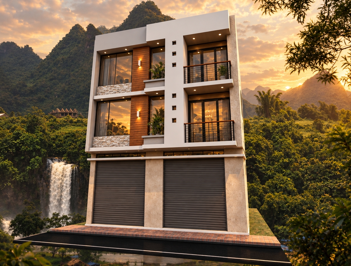 An incredibly lifelike, richly detailed, photorealistic wide-angle shot of a modern multi-story residential building set in a lush tropical valley at sunset. The scene is illuminated by the golden, honey-hued light of the setting sun, creating a warm, serene atmosphere that softens the structure's bold geometric lines. Captured with a 35mm lens, the image emphasizes the interplay between smooth white concrete surfaces, vertical strips of rich, warm-toned wood, and industrial-inspired dark metal balcony railings.
The architecture is a masterclass in modern fusion, featuring modular, sleek forms that contrast beautifully with the wild, verdant greenery and cascading waterfall in the background. Large, floor-to-ceiling glass windows offer a glimpse into an open-concept interior, reflecting the orange glow of the sky and suggesting a sophisticated, airy lifestyle. The ground floor is anchored by substantial, clean-lined roller shutter doors, grounding the verticality of the design. The composition is balanced and impactful, placing the contemporary structure as an abstract centerpiece against the organic, rugged beauty of the mountainside, resulting in a composition that feels plucked from a premium architecture photography book.