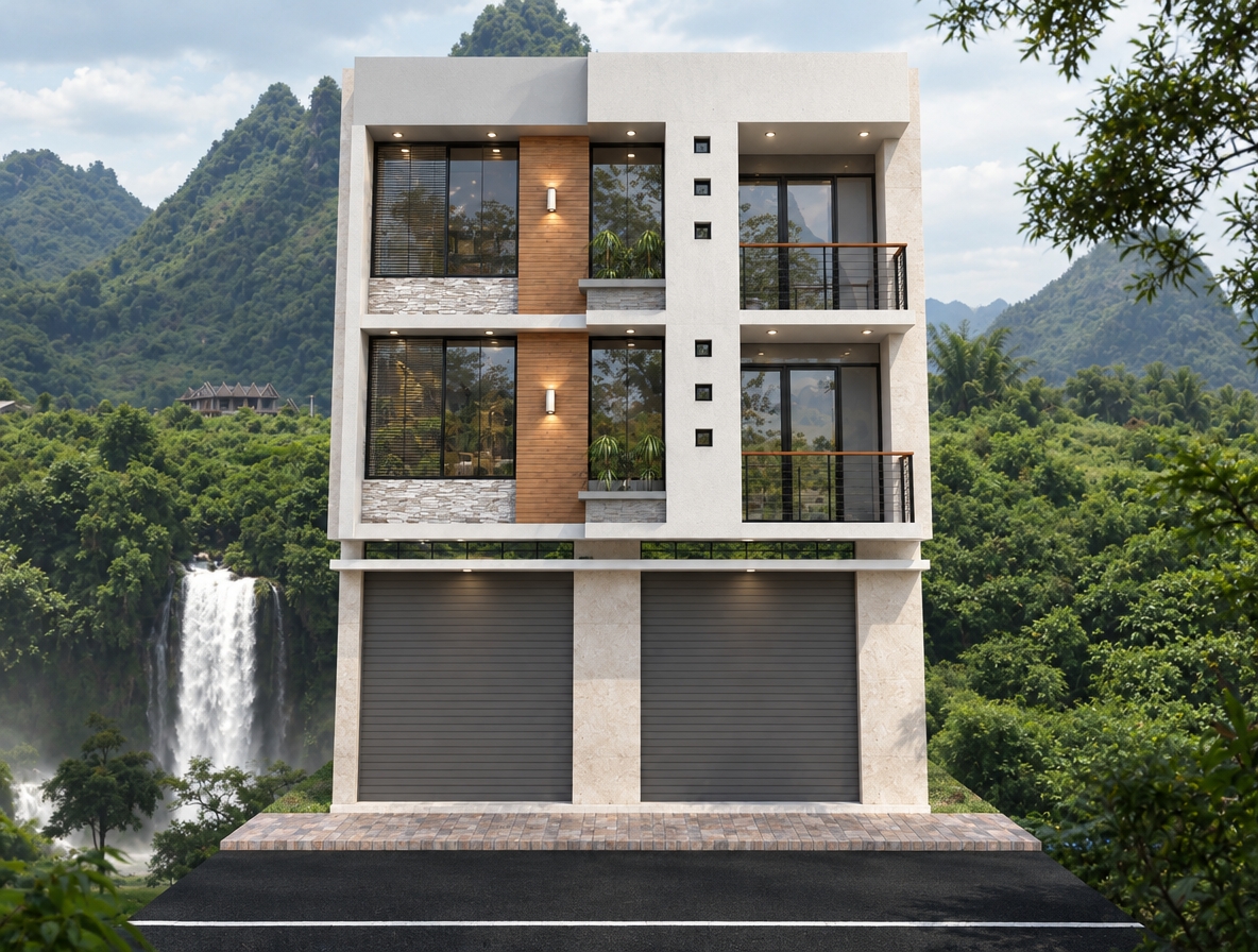 An incredibly lifelike, richly detailed, photorealistic eye-level exterior shot of a contemporary townhouse set in a lush, mountainous valley landscape featuring a cascading waterfall. The scene is illuminated by soft, diffused daylight, creating a clean, balanced, and sophisticated atmosphere. Captured with a 35mm lens, emphasizing the crisp interplay between natural textures and refined finishes.

The building facade showcases a masterclass in contemporary elegance, utilizing a palette of warm white, pearl, and soft gray tones that contrast beautifully against the verdant greenery of the backdrop. Polished stone surfaces provide a solid, grounded base, while the upper levels feature warm wood paneling that adds a touch of organic luxury. Sleek, dark metal accents frame the expansive glazing, and minimalist sculptural lighting fixtures are placed thoughtfully to accentuate the clean vertical lines of the structure. Recessed balconies with slim metal railings offer an airy, refined transition between the indoor living spaces and the breathtaking natural vista, creating a home that feels both grounded in its environment and polished in its execution.