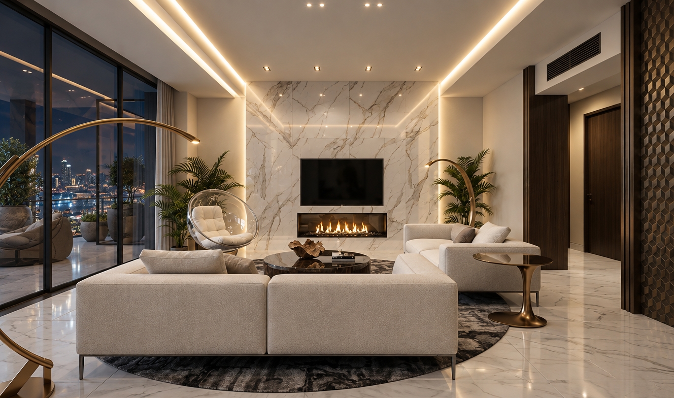 An incredibly lifelike, richly detailed, photorealistic interior shot of a sophisticated contemporary living room set in a high-rise luxury residence. The scene is illuminated by recessed cove lighting and the soft, flickering glow of a linear fireplace, creating a refined and tranquil night-time atmosphere. Captured with a 35mm wide-angle lens, emphasizing the crisp contrast between the polished Statuario marble feature wall and the warm, tailored upholstery of the modular sofa. 

The composition is perfectly balanced, centered around the sleek fireplace and television integration, which anchors the airy, open-plan space. Rich, tactile details abound, from the fluid curves of the iconic acrylic bubble chair to the organic, sculptural drift-wood centerpiece resting on a deep circular rug. The color palette is a masterclass in subtlety, weaving together shades of warm white, lustrous pearl, champagne metal accents, and soft gray marble veining. Beyond the floor-to-ceiling glass, the faint, blurred lights of a metropolitan skyline suggest a prestigious urban context, while the high-gloss marble floors reflect the soft perimeter lighting, enhancing the overall sense of spaciousness and architectural precision.