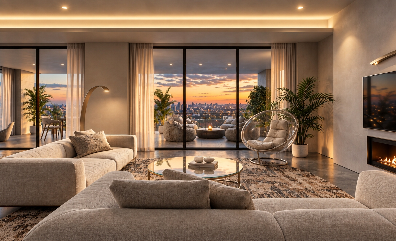 An incredibly lifelike, richly detailed, photorealistic interior shot of a sophisticated penthouse living room set in a high-rise urban environment. The scene is illuminated by a seamless blend of soft, golden recessed cove lighting and the ambient, fiery glow of a twilight horizon, creating a refined and tranquil atmosphere. Captured with a 35mm wide-angle lens, emphasizing the intricate textures of the woven linen upholstery, the cool sheen of polished concrete flooring, and the delicate transparency of the floor-to-ceiling glass partitions.

This contemporary sanctuary balances clean-lined minimalism with a palette of warm white, champagne, and soft gray. The composition is anchored by a plush, tailored modular sofa facing a sleek integrated fireplace and a floating media wall. A centerpiece glass coffee table rests on a textured, abstract area rug that echoes the organic tones of the sunset. A transparent sculptural bubble chair creates a striking silhouette against the backdrop, while slender metal floor lamps and curated greenery soften the architectural edges. Through the glass, a wide terrace invites the city lights inside, creating a seamless transition between the polished interior and the vast, panoramic urban expanse outside.