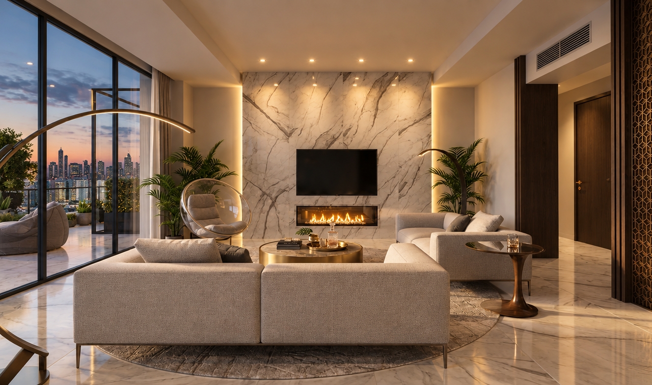An incredibly lifelike, richly detailed, photorealistic interior shot of a sophisticated living room set in an urban high-rise apartment at twilight. The scene is illuminated by the soft, golden glow of a linear fireplace and recessed architectural lighting, creating a refined and tranquil atmosphere. Captured with a professional 35mm wide-angle lens, emphasizing the smooth, high-gloss veins of the book-matched marble fireplace wall and the tactile richness of the tailored pearl-gray upholstery.

This contemporary sanctuary exudes elegance through a balanced palette of warm whites, champagne, and soft grays. The polished stone floor reflects the room's sculptural lighting, while slim metal accents on the coffee table and floor lamps provide a clean-lined, modern contrast. A transparent bubble chair sits gracefully by the floor-to-ceiling glass, framing a sprawling, distant city skyline that sparkles under the encroaching night. Every element, from the curated decor on the metallic circular coffee table to the lush indoor greenery, is positioned to enhance a sense of airy, understated luxury and architectural harmony.