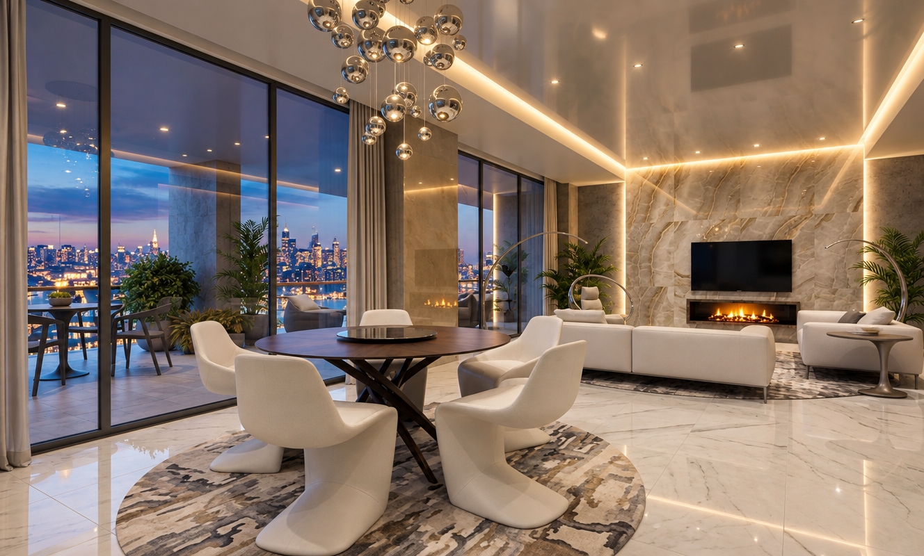 An incredibly lifelike, richly detailed, photorealistic interior shot of a sophisticated open-plan living and dining area set in a high-rise luxury apartment overlooking a glowing city skyline at twilight. The scene is illuminated by a warm, diffused ambient glow from perimeter cove lighting and the soft flickering of a linear fireplace, creating a refined and tranquil atmosphere. Captured with a wide-angle lens, emphasizing the interplay between the polished white marble flooring and the dramatic, floor-to-ceiling glass walls that invite the urban landscape inside.

The space radiates contemporary elegance, defined by a palette of warm whites, pearl, and champagne tones that harmonize with soft gray accents. In the dining area, sculptural white chairs with a fluid, organic silhouette surround a sleek dark timber table, anchored by an abstract rug that mirrors the veining of the polished stone walls. A stunning cluster of chrome orb pendant lights serves as a focal point, echoing the minimalist luxury of the lounge area, where plush, tailored sofas invite relaxation. Slim metallic floor lamps and carefully curated greenery add verticality and life to the room, while the high-gloss ceiling reflects the subtle illumination, enhancing the sense of airy, expansive volume throughout this impeccably designed urban sanctuary.