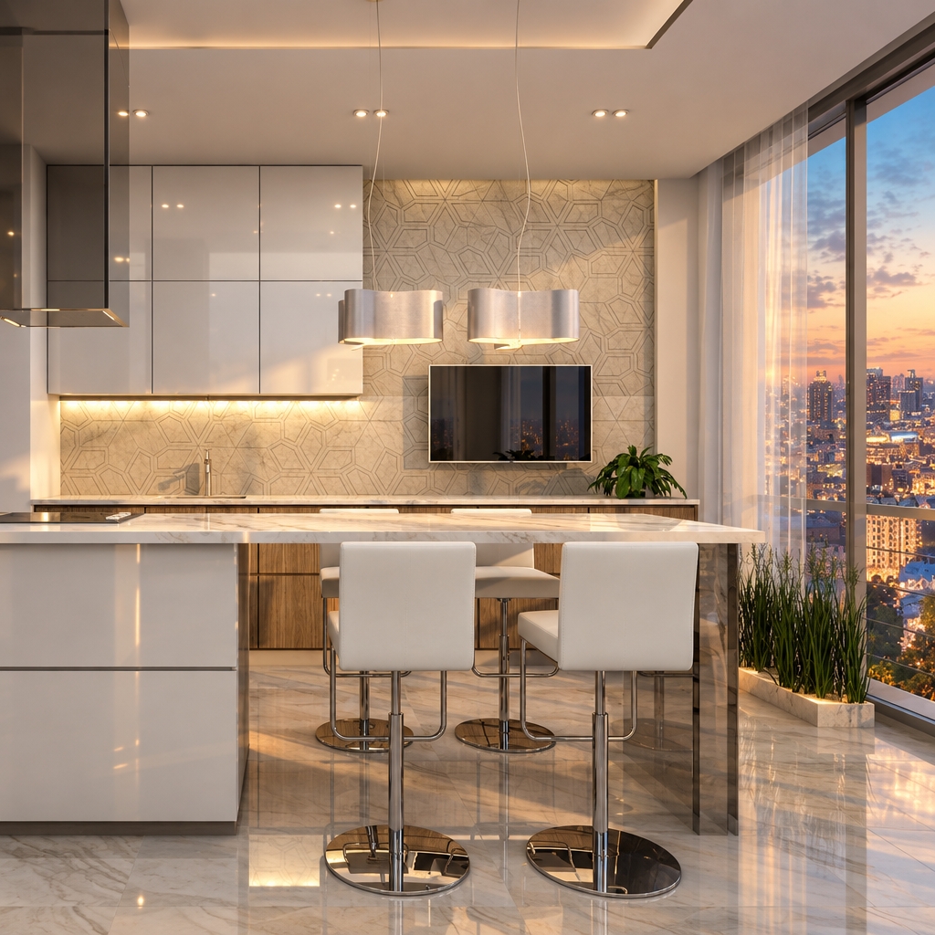 An incredibly lifelike, richly detailed, photorealistic interior shot of a sophisticated high-rise kitchen set in a vibrant urban environment. The scene is illuminated by the soft, golden transition of twilight, creating a serene, balanced atmosphere. Captured with a professional wide-angle lens, the image emphasizes the interplay between polished stone surfaces and warm timber textures.

This contemporary space exudes refined elegance, characterized by its clean-lined, high-gloss white cabinetry that reflects the ambient glow of sculptural pendant lights. A geometric, abstract wall pattern adds a layer of depth behind the television, while the waterfall-edge island, topped with vein-matched white marble, anchors the room. Tailored white leather bar stools with slim, polished chrome bases provide a touch of modern luxury. Through the expansive floor-to-ceiling windows, the dense city skyline begins to twinkle under the descending night, while a thin, linear planter filled with slender ornamental grasses softens the transition between the polished marble flooring and the horizon. The entire composition feels airy and curated, perfectly balancing the warmth of champagne and soft gray tones to create an understated, high-end living environment.