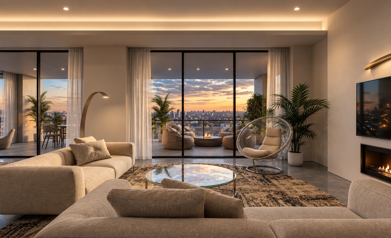 An incredibly lifelike, richly detailed, photorealistic wide-angle interior shot of a contemporary living room set in a high-rise luxury apartment overlooking a glowing cityscape at dusk. The scene is illuminated by the soft, ambient glow of cove lighting and the flickering warmth of a sleek, built-in fireplace, creating a sophisticated and tranquil atmosphere. Captured with a 35mm lens, the image emphasizes the rich, tactile textures of the tailored cream-colored upholstery, the cool sheen of polished stone floors, and the delicate transparency of sheer linens.

The composition centers on the seamless transition between the airy, refined interior and the sprawling outdoor terrace, where woven lounge furniture invites relaxation against the backdrop of an urban horizon. The palette—a harmonious blend of warm white, shimmering champagne, and soft pearl grays—is accented by slim, matte black metal window frames and sculptural lighting elements. The space feels curated and balanced, featuring an organic, abstract-patterned rug that anchors the seating area, while lush indoor greenery introduces a natural vibrancy. Every surface, from the glass-topped coffee table to the subtle metallic wall trim, reflects the gentle luminosity of the evening, resulting in a polished, magazine-quality visual that perfectly captures the essence of modern, elevated living.