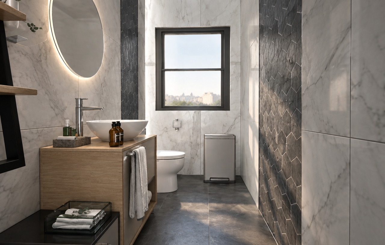 An incredibly lifelike, richly detailed, photorealistic interior eye-level shot of a contemporary bathroom set in a sophisticated urban residence. The scene is illuminated by soft, natural morning light filtering through the central window, creating a serene and balanced atmosphere. Captured with a 35mm wide-angle lens, emphasizing the crisp contrast between the luxurious, large-format white marble wall panels and the dramatic, charcoal-toned hexagonal tile accents that frame the vanity space. 

The composition highlights a refined aesthetic, featuring a custom light-oak vanity paired with a crisp, circular white basin and sleek polished chrome hardware. The polished stone surfaces gleam under the ambient light, while the dark floor tiles ground the space, adding depth and modern edge. Every detail, from the minimalist towel rail to the curated glass vanity organizer, speaks to a design philosophy of clean-lined elegance. The perspective draws the eye through the perfectly proportioned room toward the window, where the play of light against the varied textures—smooth marble, matte stone, and warm wood—transforms the space into a gallery-like sanctuary of quiet, understated luxury.