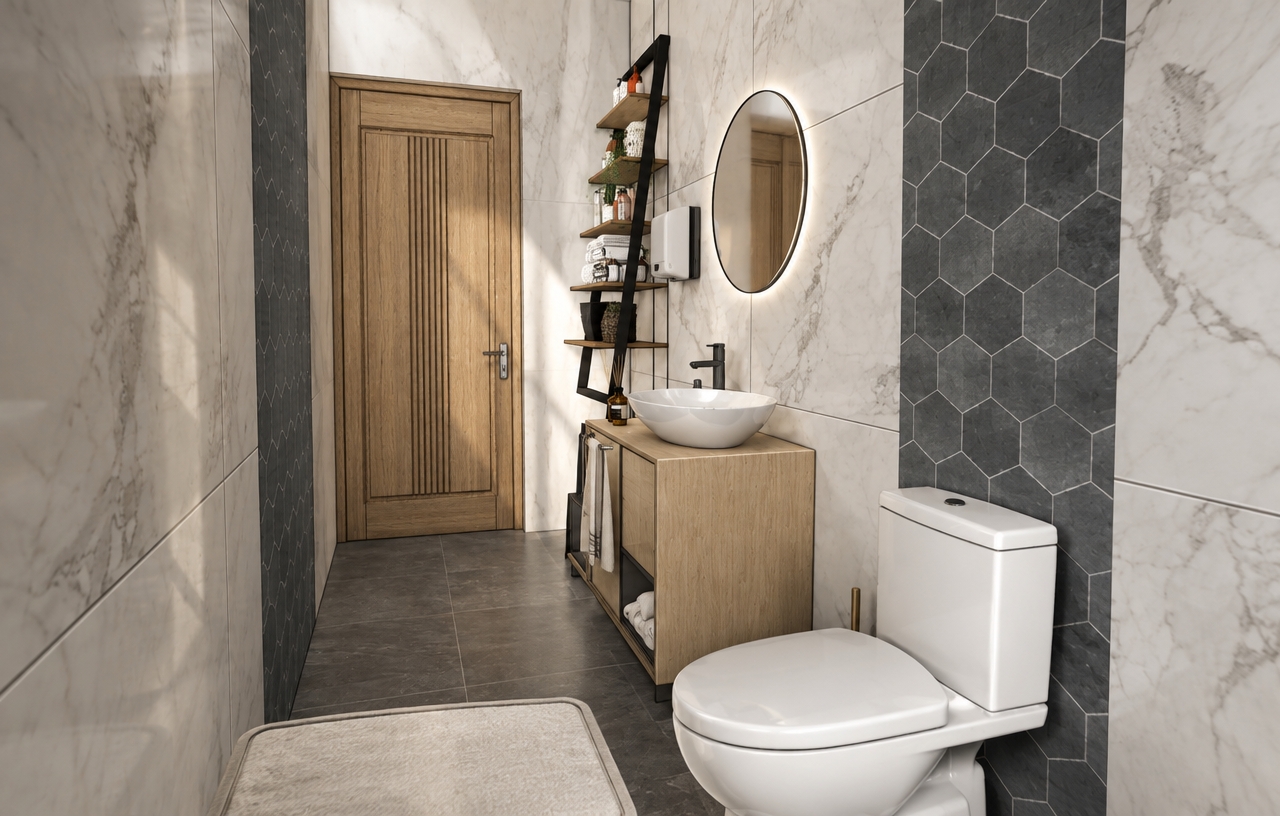 An incredibly lifelike, richly detailed, photorealistic interior shot of a contemporary powder room set in a sophisticated residential suite. The scene is illuminated by soft, diffused morning light streaming from an unseen source, creating an airy, refined atmosphere. Captured with a 24mm wide-angle lens, emphasizing the crisp contrast between the polished Statuario marble wall panels and the matte, charcoal-gray hexagonal tile accents. 

The composition is anchored by a bespoke vanity crafted from pale, fine-grained oak, topped with a pristine, bowl-shaped ceramic vessel sink and complemented by sleek, slim-profile matte black hardware. A minimalist oval mirror floats elegantly above, reflecting the clean lines of the space, while an industrial-chic black metal ladder shelf provides a curated display for rolled linen towels and artisanal apothecary bottles. The floor is clad in large-format, slate-gray porcelain, grounding the palette of pearl and warm white tones. Every element, from the vertical-grooved oak door to the integrated plumbing fixtures, speaks to a design philosophy of understated luxury, where polished stone surfaces and geometric textures achieve a perfect, balanced harmony.