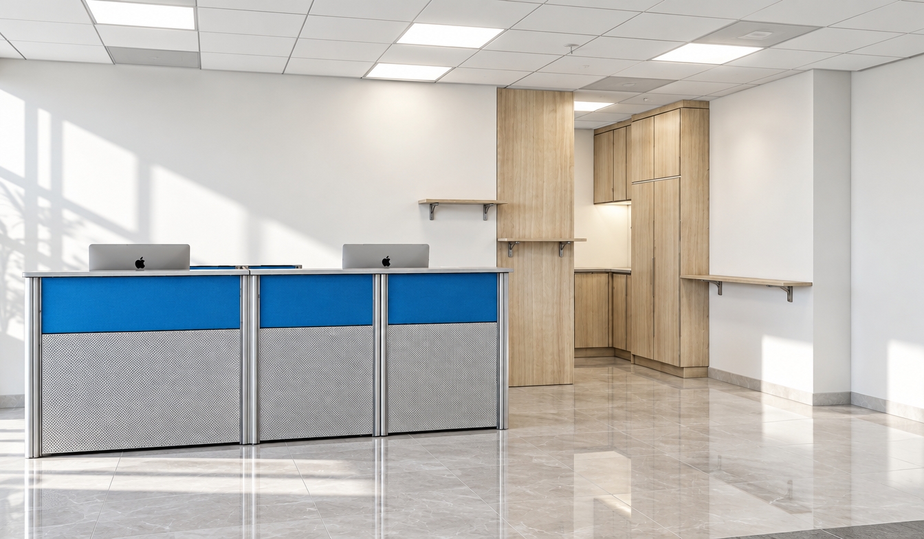 A clean architectural photograph capturing the office interior from the exact framing and perspective shown, bathed in crisp midday sunlight balanced by the diffuse, neutral 4000K glow of 40W flat square LED panel troffers integrated into the white exposed T-bar suspended ceiling grid. The floor is composed of pristine, large-format polished quartz porcelain tiles that mirror the scene with realistic, soft specular reflections and subtle grout lines. The office workstation partitions in the foreground are constructed with sleek brushed aluminum framing, featuring smooth saturated-blue upper acoustic panels above finely textured, light-gray perforated metal panels, finished with matte light-gray laminate transaction countertops. In the background, the tall storage units, base cabinets, wall cladding, and bracketed floating wall shelves display realistic light wood grain laminate with fine organic timber striations, edge banding, and subtle shadow gaps between doors. Crisp matte white drywall reflects natural daylight bounces and casts delicate ambient occlusion into the corners, photographed with a sharp architectural lens providing immaculate vertical alignment, balanced contrast, tangible material physics, and subtle micro-surface imperfections.