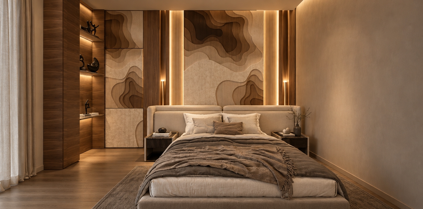 A high-end architectural photograph of the bedroom, maintaining the exact layout, geometry, and composition with realistic textures and warm artificial lighting. Soft, 2700K ambient illumination emanates from concealed LED cove channels and vertical wall sconces, highlighting the natural depth, grain, and contouring of the layered wooden topographic wall panel and fluted details. The upholstered headboard reveals fine woven fabric weave, complemented by natural folds and micro-creases in the linen bedding and textured throw. Polished bedside tables subtly reflect warm light, displaying authentic material finishes on the decor, books, and delicate ceramics. Captured straight-on with a 35mm lens, the scene features balanced exposure, soft ambient shadows, realistic ambient occlusion, and subtle depth of field with fine grain for authentic photographic realism.