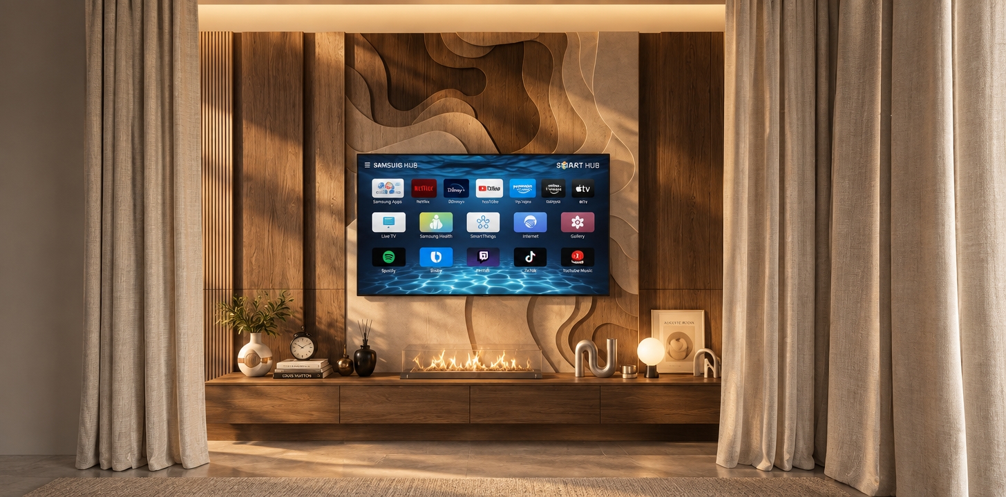 A photorealistic interior photograph capturing the exact scene under rich, warm artificial lighting. The fluted and sculpted wood wall panels showcase authentic grain textures and soft cast shadows, illuminated by warm ambient accents and the glowing orb lamp on the credenza. Natural woven fabric textures are visible on the floor-length curtains, while delicate reflections dance across the glass fireplace and glossy screen. Captured with a straight-on 35mm architectural lens, displaying natural depth of field, balanced warm exposure, and subtle lens grain.