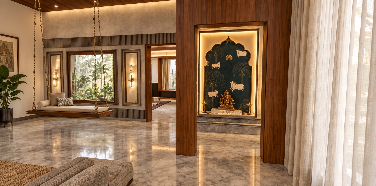 A photorealistic interior photograph captured with a 35mm architectural lens, retaining the exact spatial layout, structural geometry, and composition. The scene is illuminated by layered warm artificial lighting, casting soft ambient glows, delicate specular highlights on polished surfaces, and gentle shadows throughout. The rich teak wood column features realistic grain and tactile warmth, framing a backlit pooja niche where golden cove lighting softly washes over the intricate Pichwai artwork and bronze deity idol. Polished grey marble flooring displays realistic subtle reflections and natural veining. The suspended wooden swing with metallic chains, detailed fabric cushions, textured walls, and flowing sheer linen curtains to the right are captured with high surface fidelity, balanced warm color temperature, and subtle photographic depth of field.