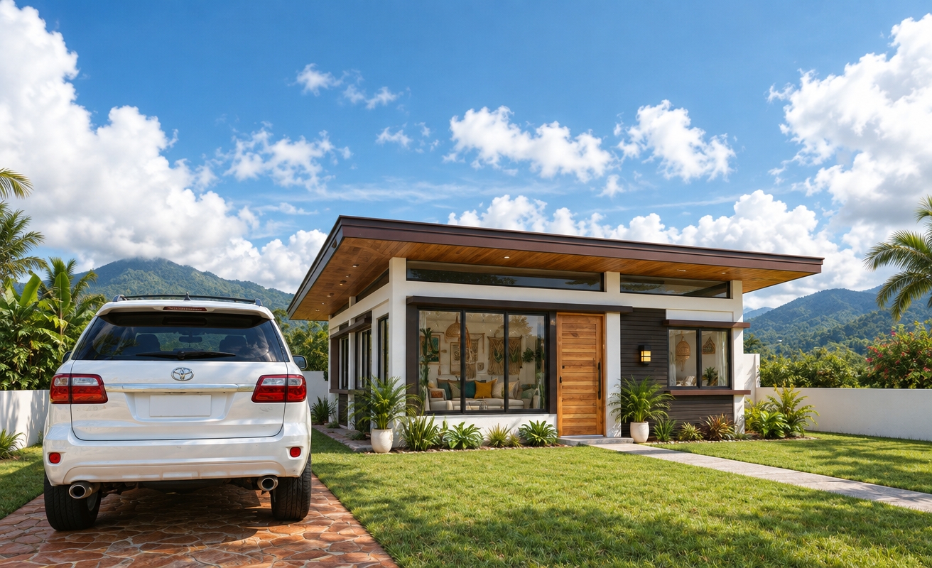 An incredibly lifelike, richly detailed, photorealistic wide-angle exterior shot of a modern minimalist bungalow nestled in a lush, bohemian-inspired oasis set in a serene mountainous landscape. The scene is illuminated by the brilliant, crisp light of a summer midday, casting soft, defined shadows that create a vibrant, warm, and inviting atmosphere. Captured with a 35mm lens, the image emphasizes the sharp textures of the house's exterior—a harmonious blend of clean white stucco, deep charcoal timber cladding, and a rich, warm-toned wood-paneled soffit that extends into a generous roof overhang. The entry is marked by a solid, honey-colored wooden door, flanked by lush, vibrant potted ferns that bridge the gap between the structured architecture and the soft, sprawling lawn. Beyond the immediate foreground, where a crisp white SUV rests on an earthy, rust-colored stone driveway, the interior peeks through large, sleek-framed windows, revealing glimpses of a free-spirited, eclectic sanctuary featuring layered, globally-inspired textiles, warm mustard and teal accents, and hints of rattan and macrame decor. The composition is grounded by the stark, clean lines of the house contrasted against the rolling, misty green peaks in the distance, while fluffy white clouds dot the vast, deep blue sky, creating a sense of tranquil isolation and curated, handcrafted comfort in this perfectly balanced, plant-filled residential retreat.