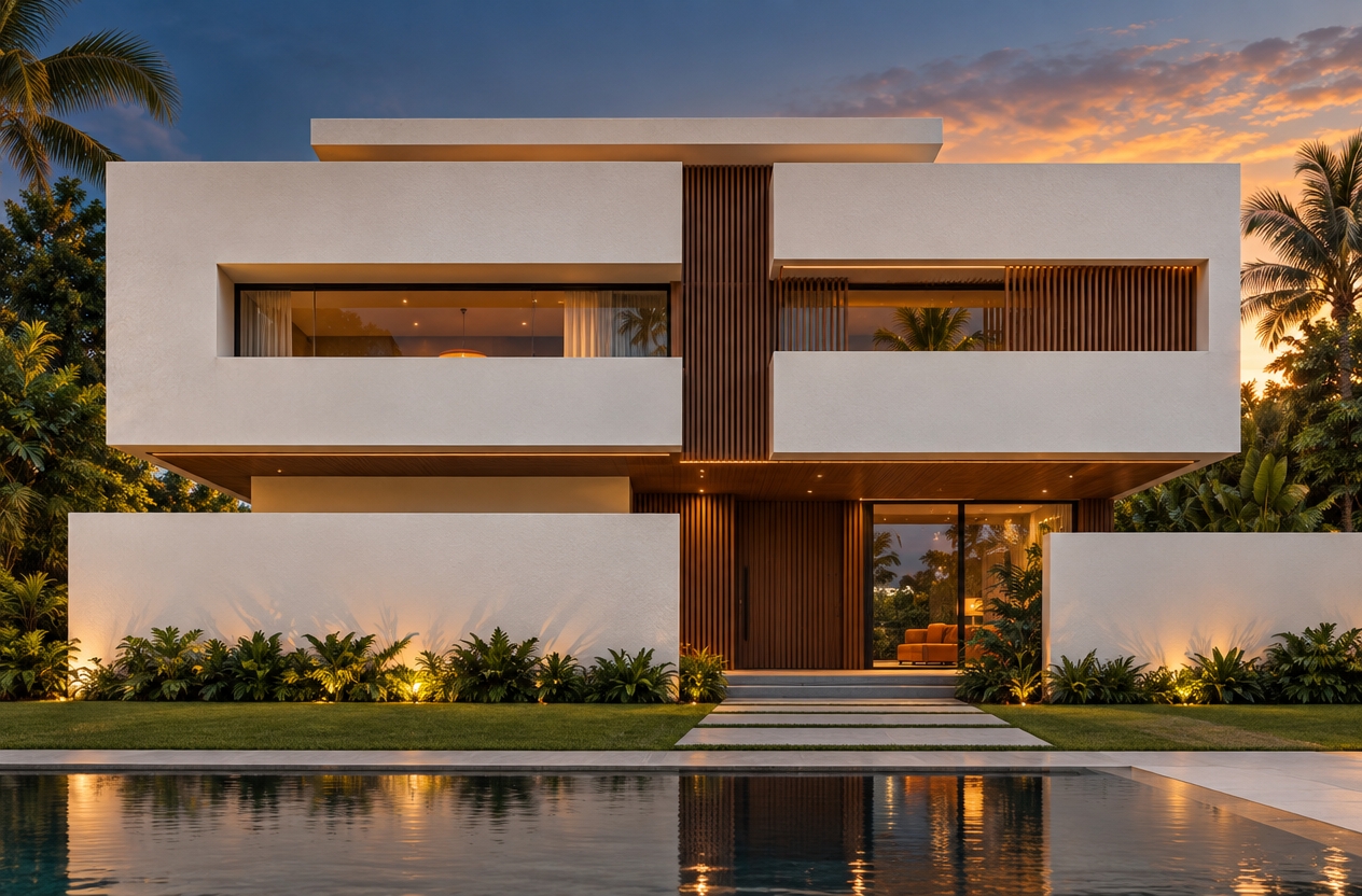An incredibly lifelike, richly detailed, photorealistic architectural exterior shot of a luxury modern villa set in a lush tropical enclave. The scene is illuminated by the golden glow of a late afternoon sun fading into a deep twilight sky, creating a serene, sophisticated atmosphere. Captured with a Phase One XF IQ4 medium format camera using a 35mm wide-angle lens, emphasizing the crisp, geometric textures of smooth white stucco and the rich, warm grains of natural wood.

The house exemplifies a contemporary evolution of Mid-Century Modern design, characterized by iconic linear forms and a functional, uncluttered composition. The facade is a masterful play of volumes: a massive, cantilevered white upper block sits in stark contrast to the recessed, recessed-paneling of vertical teak and walnut slats that bridge the building's levels. The ground floor features a minimalist white privacy wall that frames the entryway, echoing the sleek, simple horizontal planes prevalent in the mid-century aesthetic.

The environment is meticulously curated; the house is flanked by dense, vibrant green foliage and tropical palms, grounding the structure in an organic landscape. The hardscaping consists of oversized, clean-cut concrete pavers set into a perfectly manicured lawn, leading to a dark, reflective infinity-edge pool that mirrors the building’s silhouette. 

Hidden within the deep recesses of the glazing, one can catch glimpses of a curated interior: splashes of muted earth tones and subtle orange accents reflect the exterior palette. The lighting design is integrated seamlessly into the soffits, casting soft, functional linear light along the wood paneling. The overall composition is perfectly symmetrical in its balance, utilizing human-scale proportions that make the massive, monolithic structure feel both monumental and remarkably comfortable. The final image captures a timeless architectural vision, where the precision of modern minimalism meets the warmth and soul of mid-century organic materials.