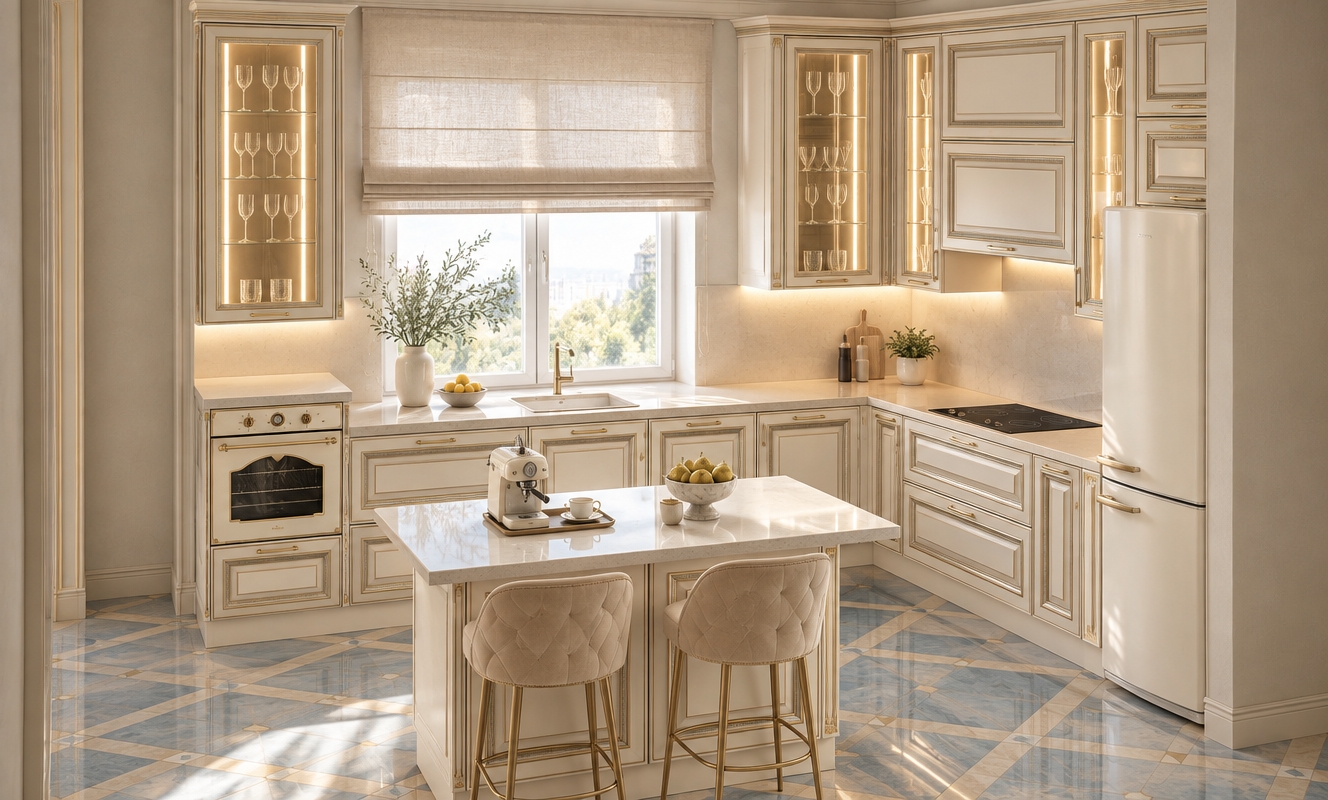 An incredibly lifelike, richly detailed, photorealistic eye-level shot of an elegant Art Deco-inspired kitchen set in a sun-drenched, high-end residence. The scene is illuminated by soft, natural midday light streaming through the central window, augmented by warm, ambient under-cabinet LED strips that create a luxurious, inviting atmosphere. Captured with a 35mm lens, the focus emphasizes the intricate contrast between the creamy off-white cabinetry with gold-trimmed molding and the rich, polished porcelain floor tiles featuring a delicate geometric pattern of soft blue and beige. 

The composition highlights a meticulously organized workspace: inside the glass-fronted wall cabinets, a subtle vertical light accentuates sparkling crystal wine glasses arranged on glass shelves. The expansive quartz countertop remains uncluttered, featuring only a sleek, minimalist ceramic vase and a small bowl of fresh lemons. The central island serves as a social anchor, equipped with two sophisticated bar stools upholstered in tufted beige velvet, while a designer espresso machine and a marble fruit bowl sit neatly on its surface. A crisp, linen-textured Roman shade in a soft neutral tone hangs gracefully over the window. The overall aesthetic is one of refined glamour, where polished surfaces, the gentle glow of internal lighting, and the airy summer brightness transform the space into a functional masterpiece of contemporary design.