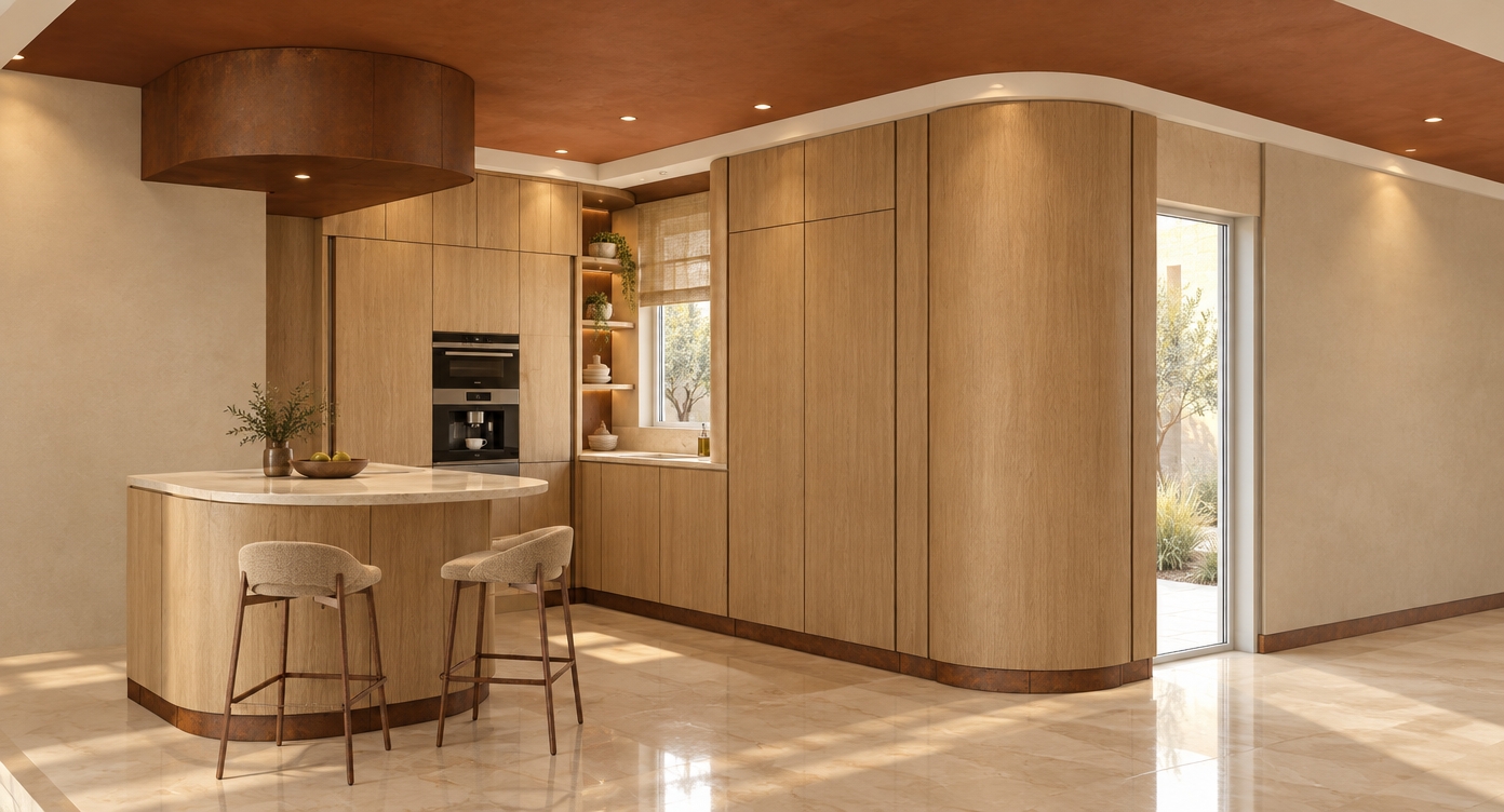 An incredibly lifelike, richly detailed, photorealistic interior perspective of a retro-futuristic kitchen set in a serene home with a private courtyard. The scene is illuminated by soft, natural daylight streaming through a white aluminium-framed window, complemented by warm recessed spotlights in the pale terracotta ceiling and crisp white bulkhead, creating a sophisticated and inviting atmosphere. Captured with a 35mm wide-angle lens, emphasizing the seamless transition between the light fine oak veneer cabinetry and the striking 80mm corten steel plinths and ceiling recesses.

The design flows elegantly with curved cabinetry softening the room's geometry, while the polished cream marble floor reflects the ambient light, grounding the space in luxury. A bespoke niche seamlessly houses the coffee machine and oven, maintaining a clean, integrated aesthetic. A transparent tan hessian blind hangs gracefully over the window, casting a warm, filtered glow across the room. In the foreground, sleek bar stools with textured tan fabric seats and brushed corten steel bases invite casual interaction. The composition balances the organic warmth of the oak and hessian with the industrial edge of the corten steel, framed by a view of the tranquil, sun-drenched courtyard visible through the window.