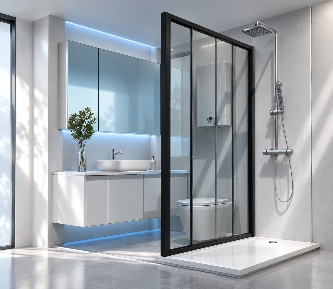 An incredibly lifelike, richly detailed, photorealistic interior shot of a minimalist, high-tech bathroom suite set in a tranquil, climate-controlled urban apartment. The scene is illuminated by crisp, cool midday light filtering through a frosted aperture, creating a serene, futuristic atmosphere with soft neon-blue under-cabinet accents that cast a gentle, ethereal glow against the matte white surfaces. Captured with a 35mm wide-angle lens, emphasizing the seamless contrast between the sleek, charcoal-black metal frame of the floor-to-ceiling glass shower partition and the soft, polished textures of the wall-mounted vanity and contemporary ceramic toilet. The composition is flawlessly balanced, featuring a pristine white vessel sink, a sculptural potted plant providing a touch of organic Zen contrast, and a wall-mounted tankless heater that integrates into the room’s streamlined, cyberpunk-inspired aesthetic. Every element—from the high-fidelity brushed chrome fixtures to the impeccably uncluttered surfaces—conveys an innovative, high-end, and orderly sanctuary, where the interplay of cool grays, brilliant whites, and subtle neon highlights evokes a perfectly curated, sophisticated living space.