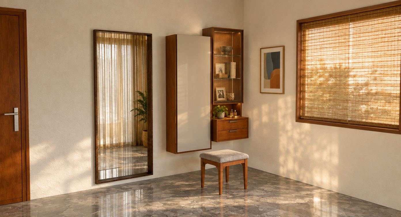 An incredibly lifelike, richly detailed, photorealistic eye-level interior shot of a serene bedroom retreat set in a sun-drenched mid-century modern home. The scene is illuminated by soft, natural morning light filtering through the window, creating a warm, airy, and inviting atmosphere. Captured with a 35mm lens, emphasizing the rich, organic grain of the teak wood cabinetry and the tactile, cool grey marble floor.

The composition highlights a sleek vanity wall where a floor-to-ceiling mirror with a deep walnut frame stands adjacent to a floating teak vanity unit, featuring minimalist drawers and a glass-front display case for curated keepsakes. A sculptural, period-accurate stool with grey upholstery sits neatly below, echoing the clean, linear geometry of the room. The walls are finished in a subtle, off-white textured plaster that catches the golden hour light, complemented by a large square window fitted with woven amber-toned blinds. The space is expertly curated in an uncluttered, functional style, featuring touches of earth-toned accessories, a small potted indoor plant on the vanity, and a glimpse of abstract wall art in muted blues and burnt oranges, evoking a timeless and iconic mid-century aesthetic.