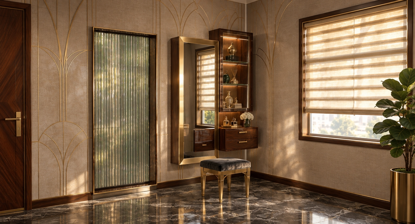 An incredibly lifelike, richly detailed, photorealistic wide-angle interior photo of a sophisticated dressing area set in a high-end, Art Deco-inspired urban apartment. The scene is illuminated by soft, diffused morning light filtering through the window, creating a warm, glamorous atmosphere that plays off the polished surfaces. Captured with a 35mm lens, emphasizing the crisp contrast between the rich, dark mahogany wood grains and the opulent, gilded accents.

The composition centers on a bespoke vanity ensemble, where a sleek, floor-to-ceiling mirror framed in brushed gold sits adjacent to a floating lacquered unit. This unit features a glass-fronted display cabinet above two soft-close drawers, all rendered with a mirror-like finish that reflects the jewel-toned accents of the room. Beneath, a custom stool upholstered in plush, charcoal-grey velvet sits perfectly centered. To the left, a textured, vertical-patterned privacy screen adds a touch of architectural drama, while the wall is adorned with subtle, graphic Art Deco-inspired gold leaf filigree. The floor, finished in a cool, dark veined marble, grounds the space, while a touch of vibrant greenery from a potted fiddle-leaf fig adds a living, organic element to the streamlined, symmetrical elegance of the design.