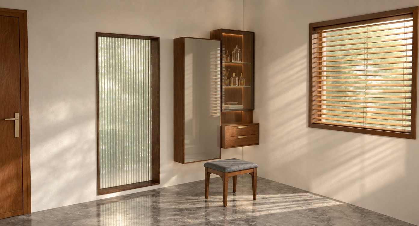 An incredibly lifelike, richly detailed, photorealistic interior shot of a sophisticated dressing area set in a serene, Mid-Century Modern bathroom suite. The scene is illuminated by soft, diffused morning light filtering through the window, creating a warm, tranquil atmosphere. Captured with a 35mm lens, emphasizing the rich, organic walnut wood grains and the cool, veined marble flooring.

The composition centers on a bespoke, floating vanity unit that perfectly balances functionality and minimalist elegance. To the left, a full-length, vertically ribbed glass privacy screen is framed in dark, polished wood, adding a tactile texture that plays beautifully with the light. The vanity itself features a sleek, floor-to-ceiling mirror panel next to a floating cabinet with glass-fronted shelving, housing delicate glass apothecary jars. Below, two drawers with recessed brushed-brass pulls offer concealed storage, hovering gracefully above a classic, mid-century inspired wooden stool upholstered in soft, charcoal-grey wool. The adjacent window is dressed in warm, honey-toned horizontal blinds, casting soft, linear shadows across the matte off-white plaster walls, grounding the space in a timeless, high-end aesthetic.