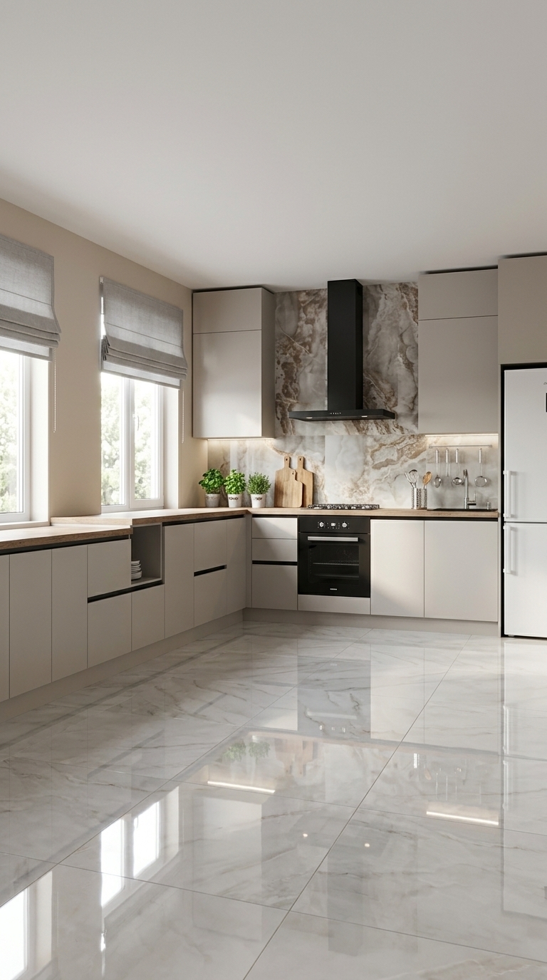 Transform the 3D render into a photorealistic modern kitchen while preserving the cabinetry, appliances, and layout. Change the plain white walls to a warm light beige tone. On the wall behind the cooktop and range hood, add an elegant decorative tile backsplash. Install light gray Roman blinds on both windows. Update the flooring to realistic, light glossy marble or polished porcelain tiles with natural reflections. Add realistic ambient lighting, soft daylight through the windows, and subtle countertop decor such as cutting boards, small potted plants, and kitchen utensils. Do not crop the kitchen cabinetry.