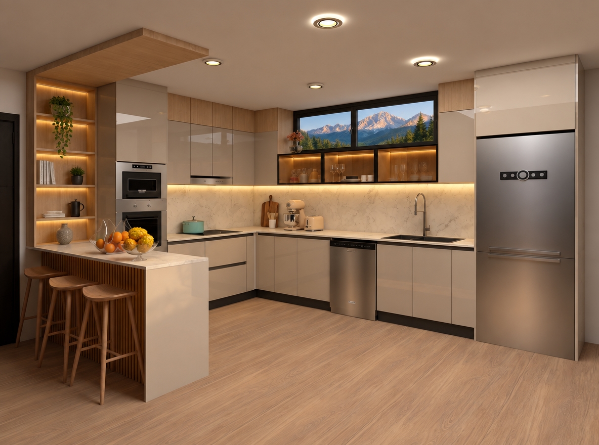 rendu 3d photorealiste cuisine en cachemir brillant avec effet bois amenagemet de la niche du comptoir les led sous caissson haut et dans les caissons en verre maron la fenetre est en noir je veux une vue de la montagne