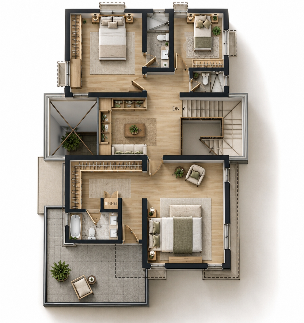 A photorealistic top-down architectural photograph of the floor plan, rendered with a minimalist modern interior aesthetic. The camera maintains a straight-down orthographic perspective, capturing the exact layout, walls, and furniture. Warm interior illumination at 3000K casts soft, realistic contact shadows from ceiling and accent fixtures. Surfaces display tactile textures: pale natural oak wood flooring, matte white drywall, textured neutral linens on the beds, polished bathroom tiles, and fine stone pavers across the terrace, all captured with balanced exposure and natural light falloff.
