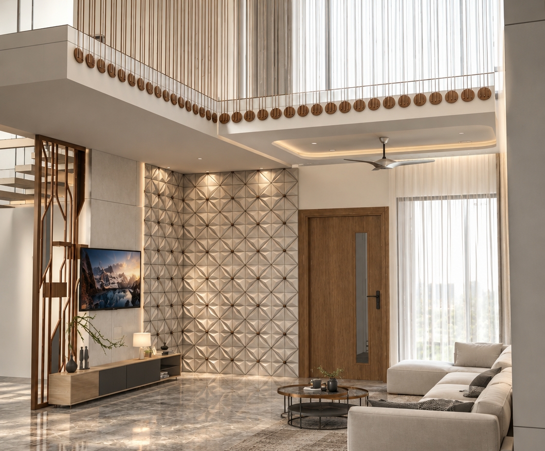 An incredibly lifelike, richly detailed, photorealistic interior shot of a contemporary living room set in a high-end urban residence. The scene is illuminated by soft, natural light diffusing through floor-to-ceiling curtains, creating a refined and airy atmosphere. Captured with a wide-angle 35mm lens, emphasizing the crisp contrast between the matte geometric feature wall and the reflective polished stone flooring.

The space exudes contemporary elegance, defined by a sophisticated palette of warm white, pearl, and soft gray. A sleek, low-profile media console sits beneath a mounted television, anchored by an abstract metallic partition that adds a sculptural, industrial edge to the room. Above, a minimalist ceiling fan serves as a functional focal point, while a dramatic mezzanine level features a rhythmic screen of slim, bronze-toned tension cables that draw the eye upward, enhancing the verticality of the space. Tailored, low-slung upholstery occupies the corner, complemented by curated decor and sleek circular tables, resulting in a perfectly balanced, clean-lined interior that feels both expansive and intimately polished.