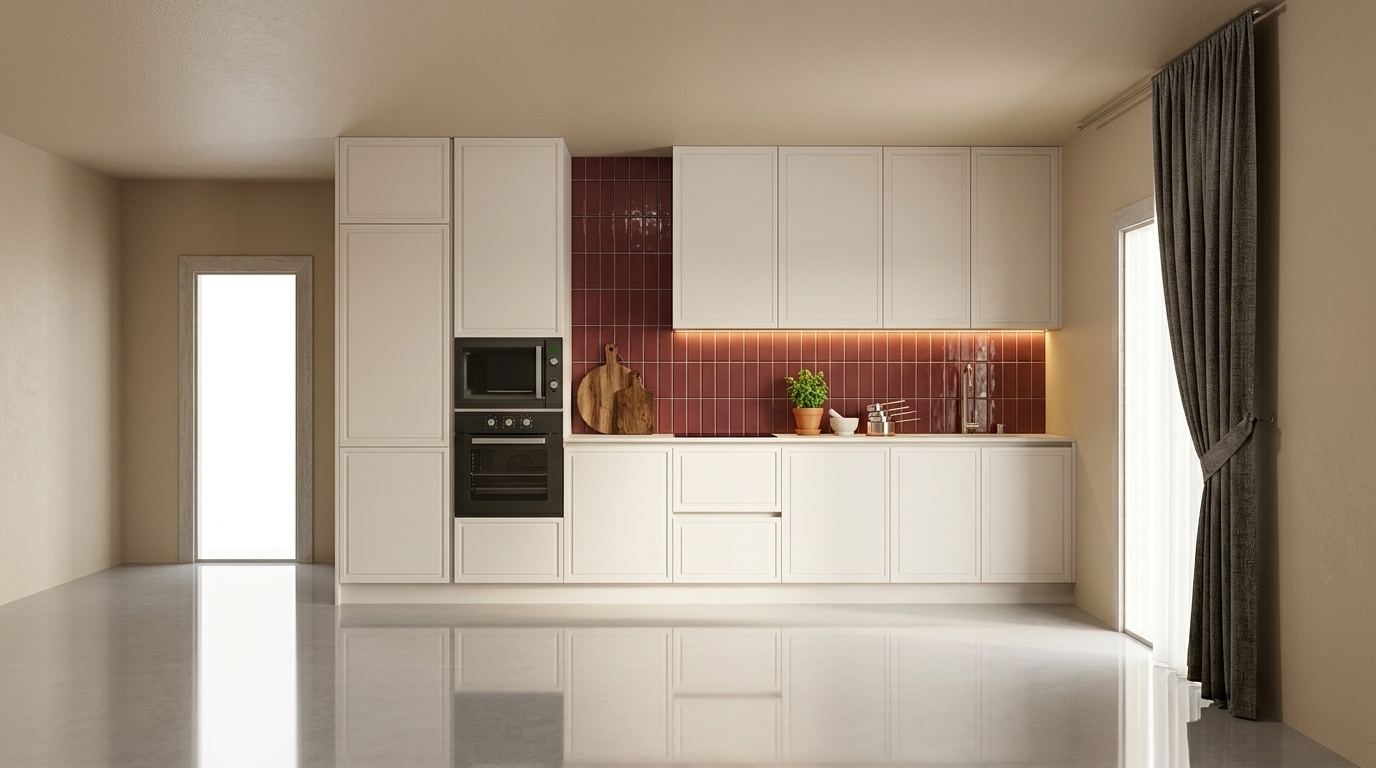 Transform this 3D render into a photorealistic interior photograph. Keep the exact cabinetry layout, appliances, and structure unchanged. Replace the flat burgundy accent wall and backsplash with vertically stacked burgundy-red subway tiles with dark grout. Change the surrounding walls to a warm beige that matches the color of the kitchen cabinets. Add an elegant curtain over the door or window on the right. Decorate the countertop with subtle, realistic kitchen decor such as a wooden cutting board, small potted plant, and kitchenware. Apply realistic warm lighting, natural reflections on the polished floor, and lifelike textures throughout the room.