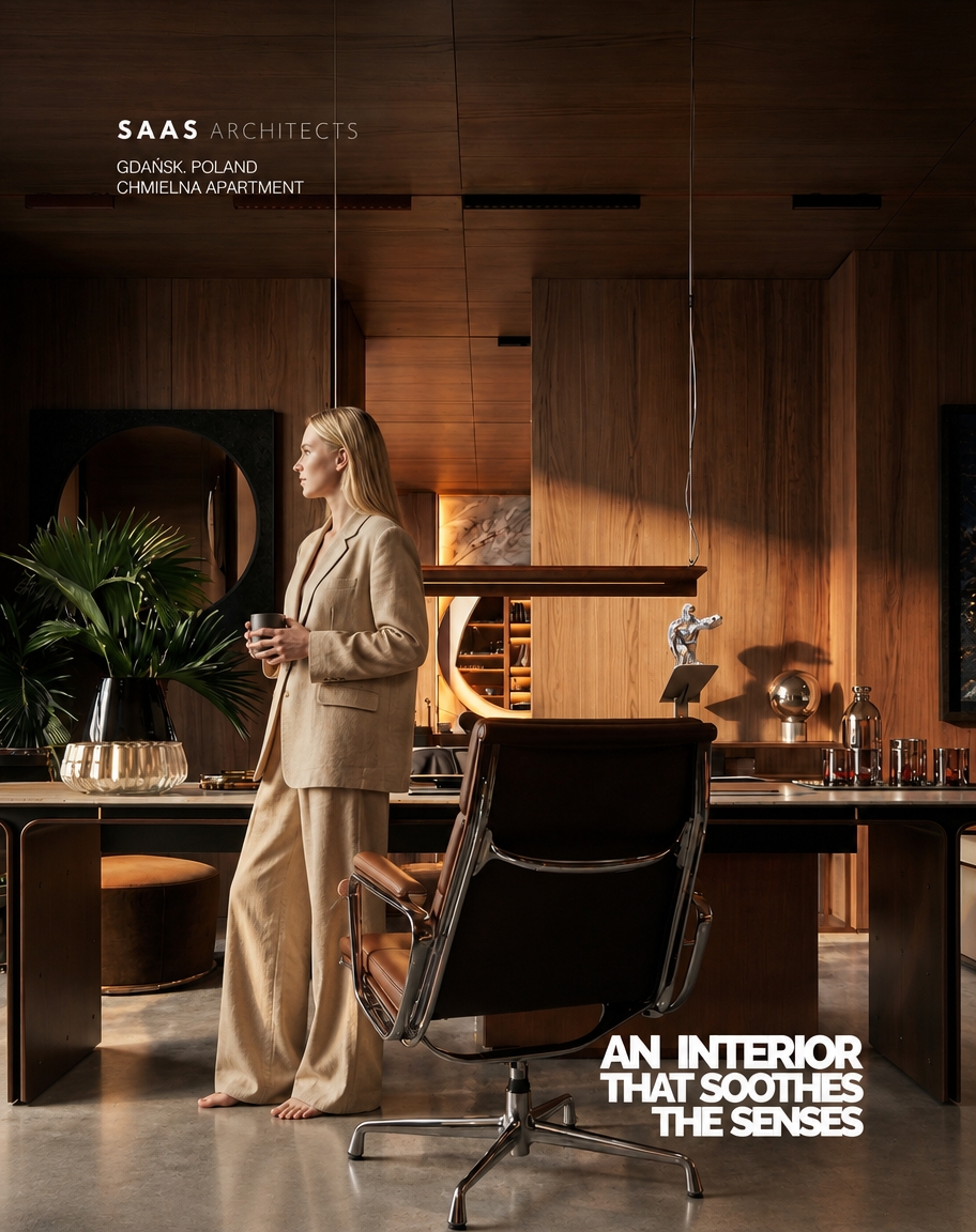 Hyper-realistic architectural interior photography refinement based strictly on the reference image.

ABSOLUTE PRESERVATION:

The existing architecture, layout, geometry, proportions, furniture placement, camera position, camera height, focal length, perspective, composition, framing, spatial relationships, and any existing rug remain completely unchanged.

Do not alter, redesign, reinterpret, relocate, resize, replace, remove, add, simplify, or reconstruct any architectural element, furniture, decoration, object, fixture, appliance, opening, wall, ceiling, floor geometry, kitchen island, cabinetry, doors, windows, or built-in element.

Do not change the camera angle or viewpoint in any way.

Do not crop, zoom, pan, tilt, rotate, dolly, shift, or reframe the image.

The original composition must remain exactly the same.

Only improve photographic realism, surface realism, material depth, human realism, texture quality, and physically accurate light–material interaction.

No redesign.
No reinterpretation.
No creative alteration.
No change to the architecture.
No change to the furniture layout.
No change to the composition.

The final image must remain visually identical in architecture and composition to the reference image, with only the requested material and human-realism refinements applied.

PHOTOGRAPHIC INTENT:

Transform the reference into an ultra-realistic, high-end editorial architectural photograph.

The image must look like a real professional architectural interior photograph captured on a full-frame professional camera, not a 3D render or CGI visualization.

Preserve the exact architectural design while upgrading the visual realism to an extremely sophisticated photographic level.

The final result should resemble a luxury architectural editorial photographed for a premium architecture or interior-design magazine.

Natural photographic imperfections, physically accurate materials, realistic light falloff, authentic reflections, subtle lens characteristics, realistic depth, and organic micro-detail.

No artificial perfection.
No CGI appearance.
No digital illustration.
No stylization.

OVERALL MOOD:

Dark, moody, low-key interior photography with a refined, intimate, sophisticated atmosphere.

The interior should feel warm, quiet, luxurious, tactile, calm, and naturally lived-in.

Maintain deep blacks and controlled shadows while preserving sufficient detail in dark areas.

Subtle natural lens vignette gently darkens the outer edges of the frame while keeping the central architectural composition clear and detailed.

Use restrained cinematic underexposure without destroying material information.

The image should feel sophisticated and atmospheric rather than dramatically stylized.

No excessive contrast.
No crushed shadow detail.
No artificial HDR.
No exaggerated cinematic effects.

LIGHTING:

Physically accurate architectural photography lighting.

Use deliberate cinematic underexposure while maintaining realistic exposure relationships between the interior, woman, furniture, walls, floor, and architectural elements.

Warm artificial lighting approximately 2700–3000K remains restrained, soft, directional, and realistic.

The warm artificial light should gently graze the walnut surfaces and architectural elements, revealing the natural grain, pores, subtle surface imperfections, and material depth primarily through controlled highlights and shadows.

Natural sunlight remains present and readable.

Soft natural daylight enters the space naturally and interacts with the floor, kitchen island, walnut cabinetry, walls, furniture, and the woman.

Natural daylight should create subtle controlled highlights, soft shadows, realistic reflections, and believable colour transitions.

Global illumination must remain physically correct but restrained.

Use realistic indirect bounce light, subtle ambient occlusion, physically accurate shadow density, realistic light falloff, and natural reflected colour from the walnut surfaces.

No dramatic artificial beams.
No theatrical lighting.
No glowing objects.
No excessive bloom.
No lens flare.
No stylized lighting effects.

FLOOR – LIGHT POLISHED CONCRETE:

The floor is replaced with light warm grey polished concrete while preserving the exact existing floor geometry, perspective, dimensions, joints, transitions, and spatial relationships.

Surface tone:

Soft light grey with subtle warm undertones and delicate natural tonal variation.

Avoid cold blue-grey coloration.

Finish:

Smooth, dense, mechanically polished concrete with a refined satin sheen.

Not mirror-like.
Not glossy.
Not wet-looking.

Micro-texture:

Visible fine aggregate.
Subtle mottling.
Very fine tonal variation.
Faint trowel marks.
Natural microscopic irregularities.
Subtle pores and mineral variation.

Reflectance:

Physically accurate low-to-medium reflectivity.

Light sources and surrounding architecture may create soft, broad, blurred reflections.

Reflections must never appear sharp, mirror-like, metallic, or artificially glossy.

Light interaction:

Grazing light gently reveals subtle surface variation, micro-imperfections, and fine texture.

The floor should feel heavy, mineral, tactile, architectural, and genuinely physical.

No wet look.
No high gloss.
No artificial uniformity.
No plastic appearance.
No CGI floor texture.

WALLS & CABINET FRONTS – PREMIUM DARK AMERICAN WALNUT VENEER:

All wall cladding, full-height wall panels, cabinet fronts, tall units, millwork, doors, built-ins, and all existing wood-finished architectural elements are finished in premium natural American Black Walnut veneer (Juglans nigra).

Preserve the existing design, proportions, panel layout, joint pattern, dimensions, geometry, doors, openings, and architectural composition exactly as shown in the reference image.

Use authentic architectural-grade natural walnut veneer with a rich, deep brown base and subtle warm undertones.

The overall colour should range naturally from dark chocolate brown to deep espresso brown, with slightly lighter warm brown variations naturally occurring within the grain.

The wood must have a sophisticated dark luxury appearance without becoming black.

Maintain enough tonal variation and surface depth for the natural walnut grain to remain clearly visible under both natural daylight and warm artificial lighting.

AUTHENTIC VENEER:

Use authentic book-matched or carefully slip-matched natural veneer.

Maintain continuous grain flow across adjacent wall panels, cabinet fronts, doors, and millwork.

The result should resemble bespoke high-end custom architectural joinery.

Natural American Black Walnut characteristics:

- rich chocolate and espresso-brown coloration
- subtle warm brown undertones
- muted caramel undertones in selected areas
- refined flowing grain
- naturally irregular growth patterns
- occasional subtle cathedral grain formations
- fine open pores
- subtle mineral variation
- realistic darker and lighter grain transitions
- authentic veneer seams
- realistic panel transitions
- natural variation between individual veneer sheets

The grain should remain elegant, relatively calm, refined, and architectural.

Avoid excessively dramatic rustic patterns.

The overall appearance must feel contemporary, sophisticated, expensive, restrained, and highly crafted.

COLOR CONSISTENCY:

Maintain a coherent dark walnut palette across all wood surfaces.

Do not introduce:

- reddish mahogany
- orange wood
- yellow oak
- grey wood
- artificial black wood
- flat dark brown
- overly red tones
- overly orange tones

The walnut should remain unmistakably natural American Black Walnut.

The veneer should appear naturally stained only enough to achieve the desired deep walnut tone while preserving the authentic optical depth, pore structure, grain variation, and dimensional character of real walnut.

FINISH:

Ultra-high-quality matte-to-satin clear lacquer, approximately 5–10 GU.

The finish should softly diffuse incoming light while preserving:

- tactile character
- pore structure
- grain depth
- natural dimensionality
- subtle surface imperfections
- authentic wood texture

The surface must never appear:

- glossy
- plastic
- laminated
- artificially black
- overly polished
- synthetic
- flat
- CGI-generated

LIGHT INTERACTION WITH WALNUT:

Warm ambient light creates subtle, soft highlights along the walnut grain.

Natural daylight reveals slightly cooler brown variations and three-dimensional veneer depth.

Grazing light emphasizes:

- pores
- grain direction
- veneer transitions
- subtle panel joints
- tiny surface irregularities
- natural tonal variation

Reflections remain broad, soft, restrained, and physically accurate.

No repeating texture.
No cloned grain.
No procedural-looking wood.
No artificial symmetry.
No laminate appearance.
No flat brown colour.
No excessive red.
No excessive orange.
No fake CGI wood.

The walnut must remain visually consistent throughout the image, with the same species, coloration, finish, grain character, and material identity.

MATERIAL REALISM:

All materials must exhibit physically accurate behaviour under the existing lighting.

Upholstered fabrics exhibit realistic textile density, visible individual fibres, soft light absorption, natural creasing, subtle compression, and realistic shadow behaviour.

Stone surfaces appear heavy, tactile, mineral, and physically dense, with true depth, micro-porosity, subtle tonal variation, and uneven reflectance revealed only where light grazes the surface.

Glass remains physically transparent with restrained, realistic reflections and subtle refraction.

Metal surfaces remain subdued with controlled specular highlights.

No material should appear excessively glossy or artificially perfect.

Every surface should contain subtle real-world micro-imperfections appropriate to its material.

WOMAN – EXACT SAME WOMAN AS THE PREVIOUSLY CREATED REFERENCE:

Add the SAME blonde woman from the previously created reference image.

She must visually correspond to the exact same woman previously generated.

Do NOT generate a different woman.

Preserve the same overall character, facial character, blonde hairstyle, body proportions, natural beauty, age appearance, feminine silhouette, and relaxed editorial presence.

She should look as though she is the exact same real woman photographed in another frame of the same professional architectural photoshoot.

CHARACTER CONSISTENCY:

Maintain the same:

- blonde hair character
- hairstyle
- facial proportions
- facial character
- natural expression
- body type
- body proportions
- feminine silhouette
- overall appearance
- relaxed personality
- realistic photographic quality

Do not change her into a different person.

Do not create a generic blonde model.

Do not alter her facial structure unnecessarily.

Do not make her younger or older.

Do not make her excessively glamorous.

Do not apply beauty-filter aesthetics.

APPEARANCE:

Naturally beautiful adult blonde woman.

Long, loose, softly wavy blonde hair.

Warm natural blonde colour with subtle darker blonde roots and realistic tonal variation.

Individual hair strands must be visible.

Hair should contain natural flyaway strands, subtle irregularities, realistic density, believable volume, and natural highlights.

Facial features should be refined but completely natural.

Preserve subtle natural facial asymmetry.

Skin should contain realistic pores, tiny imperfections, subtle tonal variation, believable translucency, and physically accurate subsurface scattering.

No plastic skin.
No airbrushed skin.
No artificial beauty filter.
No excessive smoothing.

OUTFIT – EXACT SAME BEIGE LINEN-LOOK TWO-PIECE SET:

The woman wears EXACTLY the same beige linen-look women's two-piece outfit previously created for her.

The outfit is a refined, relaxed, sophisticated women's linen-look set in the same style as the previously generated reference.

It consists of:

- relaxed oversized beige tailored blazer
- matching very wide-leg full-length trousers
- flowing wide trouser silhouette
- warm natural beige / sand / light taupe colour
- soft linen-look textile
- authentic woven fabric structure
- subtle visible linen fibres
- natural irregularities in the weave
- matte tactile surface
- relaxed contemporary tailoring
- understated luxury aesthetic
- effortless high-end editorial appearance

The outfit must visually match the previously created beige linen-look wide-leg two-piece set as closely as possible.

The trousers must remain VERY WIDE, flowing, relaxed, and full-length.

The trouser legs should naturally fall toward the floor with realistic weight, gravity, folds, and fabric movement.

The blazer should have a relaxed, slightly oversized silhouette with natural draping and realistic construction.

The clothing must look like genuine premium linen or a very high-quality linen-look fabric.

No synthetic appearance.

No plastic appearance.

No glossy fabric.

No excessive stiffness.

No fashion illustration.

No different outfit.

Do not replace the outfit with a dress, skirt, jeans, narrow trousers, leggings, shirt, or another fashion style.

Do not add bright colours, prints, patterns, logos, or unnecessary accessories.

The overall outfit remains understated, elegant, natural, neutral, and architectural.

BAREFOOT:

The woman is barefoot.

Her feet must be anatomically correct and naturally positioned.

Correct toes, correct proportions, natural skin texture, realistic contact with the floor.

Her feet must be firmly grounded on the polished concrete.

Use subtle physically accurate contact shadows.

No floating feet.
No distorted toes.
No anatomical errors.

POSE:

The woman stands naturally and calmly within the existing interior.

Her posture is relaxed, subtle, elegant, and believable.

Avoid a fashion-model pose.

Avoid exaggerated body language.

Avoid dramatic gestures.

Natural weight distribution between both legs.

Relaxed shoulders.

Subtle asymmetry.

Natural position of arms and hands.

Her posture should feel spontaneous and incidental, as though she is naturally inhabiting the architectural space.

She should not appear to be intentionally posing for the camera.

HUMAN SCALE:

Maintain physically correct human scale and proportions relative to:

- kitchen island
- cabinetry
- doors
- walls
- floor
- furniture
- architectural openings
- ceiling height
- surrounding objects

The woman must be correctly integrated into the spatial perspective.

No oversized body.
No undersized body.
No distorted proportions.

HYPER-REALISTIC HUMAN DETAIL:

The woman must look completely real.

Skin:

- realistic pores
- subtle fine lines
- natural imperfections
- realistic tonal variation
- believable translucency
- soft subsurface scattering
- natural highlights
- realistic shadow transitions

Hair:

- individual strands
- natural flyaway hairs
- realistic density
- physically believable volume
- subtle tonal variation
- natural highlights
- realistic interaction with ambient light

Hands:

- anatomically correct hands
- realistic fingers
- correct finger proportions
- natural joints
- subtle skin folds
- realistic nails

Feet:

- anatomically correct
- realistic toes
- realistic skin texture
- natural weight distribution
- accurate contact with floor

FACIAL REALISM:

The face must look like a real photographed person.

Maintain natural facial asymmetry and subtle imperfections.

No artificial symmetry.

No doll-like appearance.

No mannequin appearance.

No generic AI face.

No overly perfect beauty.

No waxy skin.

No excessive sharpening.

No beauty retouching.

The woman's face should retain the subtle imperfections and organic realism characteristic of an authentic professional photograph.

CLOTHING REALISM:

The linen-look fabric must behave physically like real woven fabric.

Include:

- authentic fibre structure
- subtle weave visibility
- natural wrinkles
- soft creasing
- realistic compression
- gravity-driven folds
- slight irregularity
- natural tension around elbows
- realistic folds around waist
- realistic folds around hips
- natural draping around legs
- matte light absorption
- subtle highlights only where fabric catches light

The clothing must respond naturally to gravity and body movement.

No painted fabric.

No synthetic cloth.

No plastic texture.

No perfectly smooth surfaces.

INTEGRATION WITH ARCHITECTURE:

The woman must be physically integrated into the existing interior.

She must receive exactly the same lighting conditions as the surrounding architecture.

Her skin, hair, clothing, and body must respond naturally to the same warm artificial light and natural daylight.

Use physically accurate:

- indirect illumination
- reflected light
- colour bounce
- ambient occlusion
- contact shadows
- cast shadows
- light falloff
- exposure
- depth
- atmospheric interaction

The walnut walls should subtly reflect warm tones onto her clothing and skin where physically appropriate.

The light warm-grey polished concrete should subtly reflect surrounding light without creating artificial mirror reflections.

Her presence must feel as if she was physically standing in the interior during the original architectural photoshoot.

No cutout appearance.

No pasted-on appearance.

No halo.

No edge artefacts.

No mismatched sharpness.

No mismatched colour temperature.

No mismatched exposure.

No artificial compositing.

CAMERA AND COMPOSITION:

The camera remains COMPLETELY LOCKED.

Preserve exactly:

- camera position
- camera height
- focal length
- perspective
- viewing direction
- framing
- crop
- composition
- architectural proportions
- spatial relationships

Do not move the camera.

Do not zoom.

Do not crop.

Do not change the lens.

Do not create another angle.

Do not introduce another shot.

Do not alter the perspective.

The woman must be inserted into the existing composition without changing the framing.

DEPTH OF FIELD:

Natural full-frame architectural photography depth of field.

Maintain realistic focus relationships between architecture and woman.

No artificial excessive background blur.

No cinematic fake bokeh.

No exaggerated shallow depth of field.

The image must retain sufficient architectural detail throughout the scene.

PHOTOGRAPHIC MICRO-DETAIL:

Extremely realistic micro-contrast and organic sharpness.

Natural full-frame camera rendering.

Subtle optical characteristics of a professional architectural lens.

Natural tonal roll-off.

Realistic highlight behaviour.

Realistic shadow transitions.

Subtle film grain.

No oversharpening.

No excessive clarity.

No HDR appearance.

No artificial micro-contrast.

No digital noise.

FINAL IMAGE QUALITY:

Extreme detail.

Hyper-realistic material definition.

Organic photographic sharpness.

Physically accurate light–material interaction.

Natural human realism.

Realistic architectural scale.

Realistic reflections.

Realistic shadows.

Realistic textures.

Realistic colour grading.

Deep blacks.

Controlled highlights.

Subtle film grain.

Natural tonal roll-off.

Sophisticated editorial photography aesthetic.

The final image must be completely indistinguishable from a real high-end architectural photograph captured on a professional full-frame camera.

The architecture must remain exactly as in the reference.

The camera must remain exactly as in the reference.

The composition must remain exactly as in the reference.

The woman must look like the SAME blonde woman previously created, wearing the SAME beige linen-look wide-leg two-piece outfit, naturally photographed inside the space.

She must appear completely real, natural, anatomically correct, physically grounded, and perfectly integrated into the architectural photograph.

NO CGI LOOK.
NO 3D RENDER LOOK.
NO AI-GENERATED LOOK.
NO STYLIZATION.
NO ARTIFICIAL PERFECTION.
NO PLASTIC SKIN.
NO MANNEQUIN APPEARANCE.
NO FASHION-ILLUSTRATION LOOK.
NO BEAUTY-FILTER EFFECT.
NO DISTORTED HANDS.
NO DISTORTED FEET.
NO ANATOMICAL ERRORS.
NO FLOATING BODY.
NO CUTOUT EFFECT.
NO HALO.
NO COMPOSITING ARTEFACTS.
NO CHANGE TO ARCHITECTURE.
NO CHANGE TO CAMERA.
NO CHANGE TO COMPOSITION.
NO CHANGE TO FURNITURE PLACEMENT.