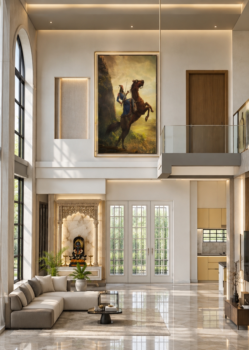 An incredibly lifelike, richly detailed, photorealistic wide-angle interior architectural photograph of a double-height contemporary living room set in a luxurious private residence. The scene is illuminated by voluminous natural daylight streaming through towering arched windows and grid glass panels, softened by warm, indirect sculptural lighting that creates an airy, refined, and serene atmosphere. Captured with a professional tilt-shift lens on a high-resolution camera, emphasizing the seamless polished stone flooring, tailored textiles, and razor-sharp architectural lines. 

The double-volume interior is rendered in a balanced, sophisticated palette of warm white, pearl, champagne, and soft gray. A tailored, low-profile upholstered sectional sofa anchors the lounge area, centered around a sleek glass coffee table dressed with slim metal accents and an open art photography book. Against the back wall, a bespoke, intricately carved traditional alcove with illuminated marble provides a striking cultural focal point beside elegant grid-paned doors. Soaring above, a minimalist mezzanine walkway overlooks the ground floor, drawing the eye toward the grand upper wall where a massive, framed statement artwork commands the vertical space, epitomizing clean-lined, understated contemporary elegance.