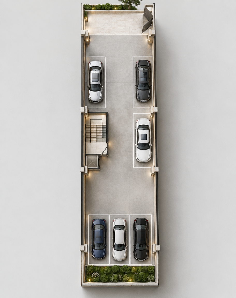 An incredibly lifelike, richly detailed, photorealistic overhead architectural photograph of an upscale residential ground-floor parking facility set in a contemporary luxury residential enclave. The scene is illuminated by crisp, natural midday summer daylight pouring in from the open courtyards alongside subtle, warm LED wall-washers, creating a pristine, serene, and sophisticated atmosphere. Captured with a high-resolution wide-angle tilt-shift lens, emphasizing the tactile textures of honed light travertine walls, smooth anti-slip polished concrete flooring, and the glossy, reflective finishes of six modern luxury vehicles. The longitudinal drive aisle smoothly guides the eye past three precisely parked sedans on the sides toward the rear bay, where three additional cars rest side-by-side facing an elegant, sunlit landscaped green strip planted with lush boxwoods and architectural ornamental grasses. Along the left wall, the minimalist elevator enclosure and concrete staircase feature matte-black steel handrails and clean rectilinear glass panes, seamlessly integrating vertical circulation into this impeccably organized, bright, and tranquil environment.