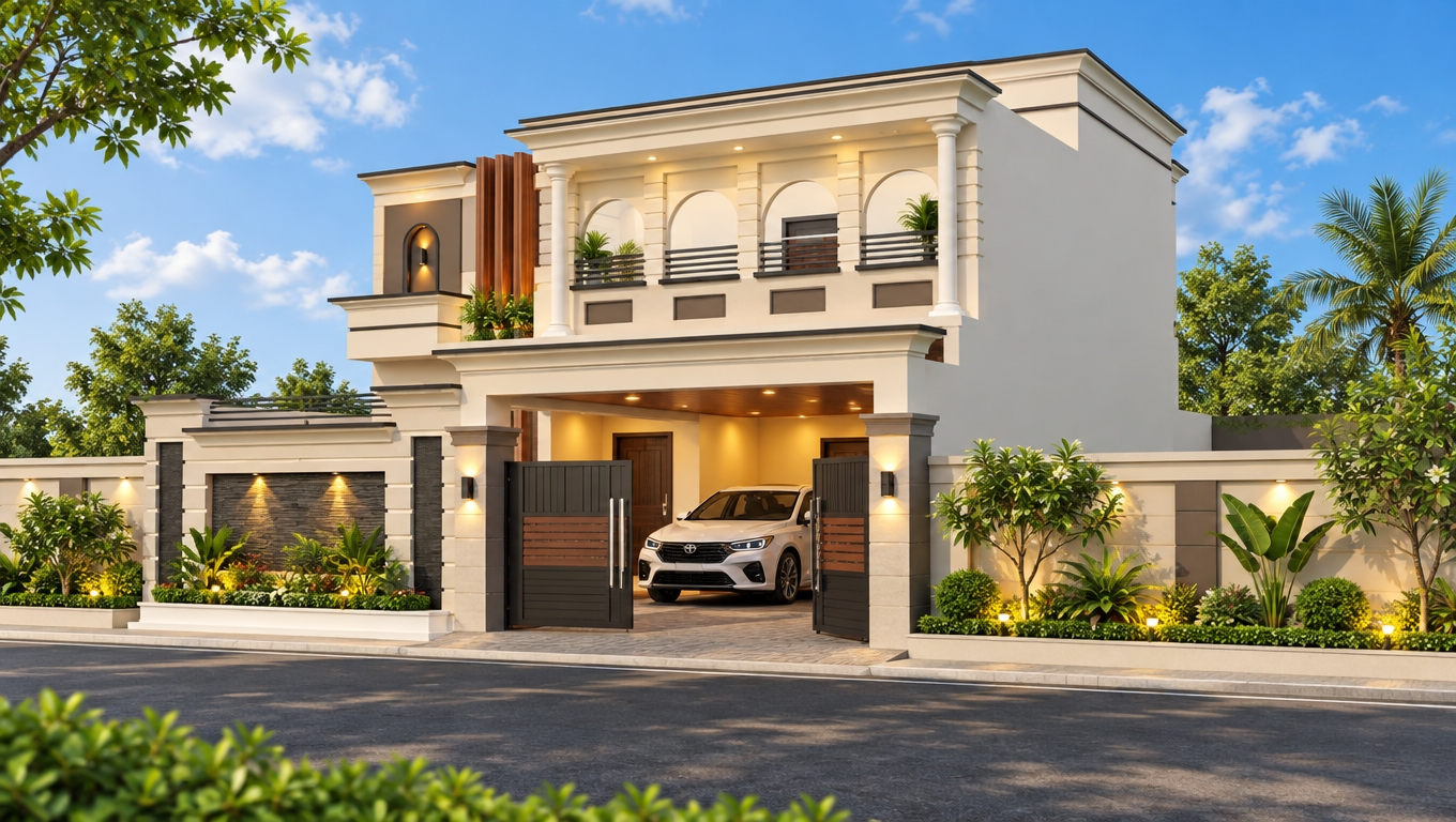 render this 3d house with beautiful sky background with bright day. show wall lights. show some plants ahead boundary wall. show beautiful wall colors. remove gate and show beautiful main gate.show one car along with main gate.
