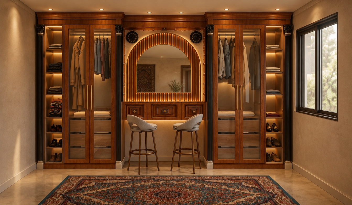 An incredibly lifelike, richly detailed, photorealistic eye-level interior shot of a sophisticated walk-in closet set in a luxurious, bohemian-inspired suite. The scene is illuminated by soft, warm recessed ceiling lighting and a gentle, ambient golden glow emanating from hidden LED strips integrated into the vanity backsplash, creating an inviting, high-end atmosphere. Captured with a 35mm lens, emphasizing the rich, polished grain of the cherry wood cabinetry, the crisp reflections in the central arched mirror, and the intricate, vibrant weave of the traditional Persian rug centered on the floor. 

The composition maintains the exact geometry of the original layout, showcasing symmetrical floor-to-ceiling wardrobes framed by classic black fluted columns with ornate crown molding. The glass-fronted closets display neatly organized garments and structured shelving, while the central vanity area serves as the focal point with its elegant arched mirror, vertical wood slats, and two sleek, modern bar stools. The light reflects subtly off the polished surfaces, casting soft, realistic shadows that define the depth of the cabinetry and the spatial relationship between the functional storage zones and the vanity. The entire space exudes an air of refined, timeless elegance, where the warmth of the wood and the softness of the lighting harmonize to create a truly luxurious dressing experience.
