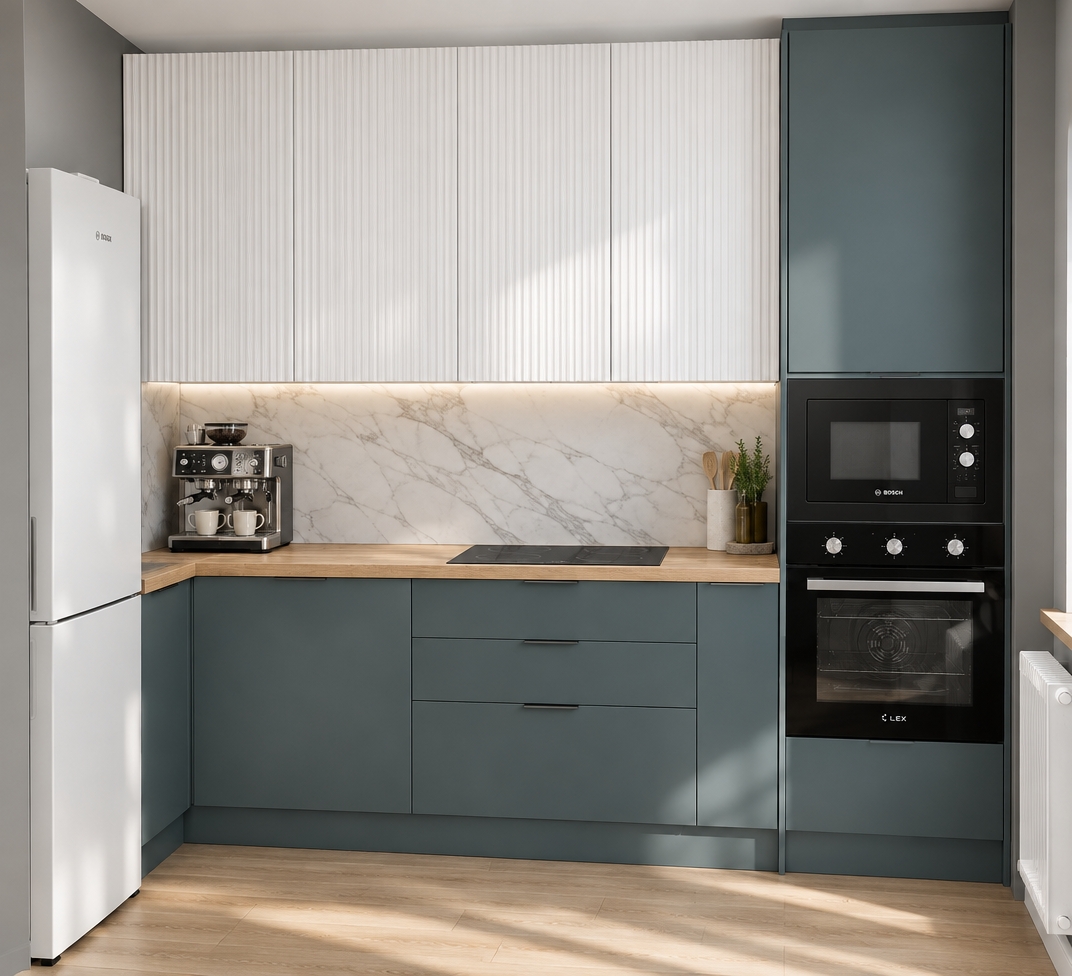 An incredibly lifelike, richly detailed, photorealistic wide-angle interior shot of a modern fusion kitchen set in a bright, airy apartment. The scene is illuminated by soft, natural morning light streaming from the side, creating a clean and sophisticated atmosphere. Captured with a 35mm lens, emphasizing the crisp contrast between the matte slate-blue cabinetry and the refined textures of the space.

The kitchen features a seamless layout where a crisp white refrigerator is neatly integrated against the left wall, complementing the pristine aesthetic. The backsplash and countertops are finished in luxurious white marble with delicate grey veining, creating a harmonious, continuous look that extends to the windowsill, which perfectly matches the warm, natural wood grain of the work surfaces. Above the counter, vertical ribbed white cabinetry adds architectural depth, while to the left of the sleek floor-to-ceiling appliance tower, a high-end, professional-grade espresso machine rests on the counter, perfectly prepared with two ceramic mugs. The walls are finished in a soft, contemporary grey, grounding the space and highlighting the minimalist hardware on the drawers, resulting in an elegant, functional, and highly inviting culinary environment.