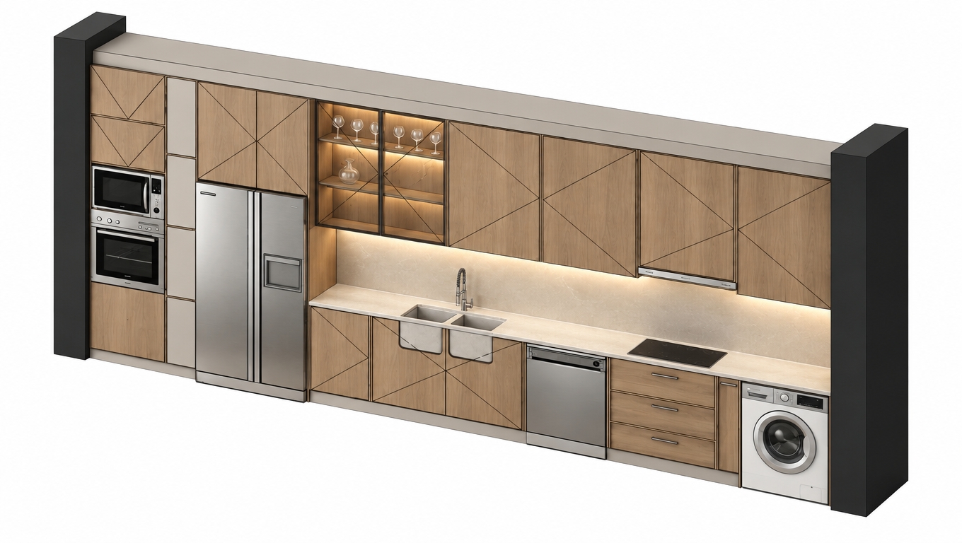 TURN THIS KITCHEN ELEVATION INTO 3D MODEL AXNOMETRIQUE VUE AND WITH WHITE BACKGROUND