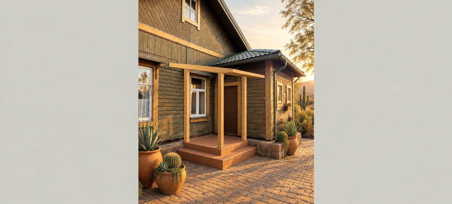 An incredibly lifelike, richly detailed, photorealistic medium-angle architectural rendering of a rustic cabin entrance, reimagined as a sun-drenched desert retreat. The scene is illuminated by the soft, golden-hour light of an arid landscape, creating a tranquil, warm atmosphere. Captured with a 35mm lens, the rendering emphasizes the contrast between the weathered, olive-toned timber siding and the new, clean-lined light oak porch structure. The entrance features a minimalist, earth-toned terracotta tiled step that grounds the design, echoing the surrounding Southwestern palette. The surrounding courtyard is paved in warm, interlocking stone, while the foreground is accented by potted sculptural succulents that transition the architecture into the vast, sandy desert landscape beyond. The composition highlights the harmonious blend of the historic wooden structure with contemporary, pared-down functional additions, casting soft, elongated shadows that enhance the depth and tactile quality of the textured wood grain and adobe-inspired finish.