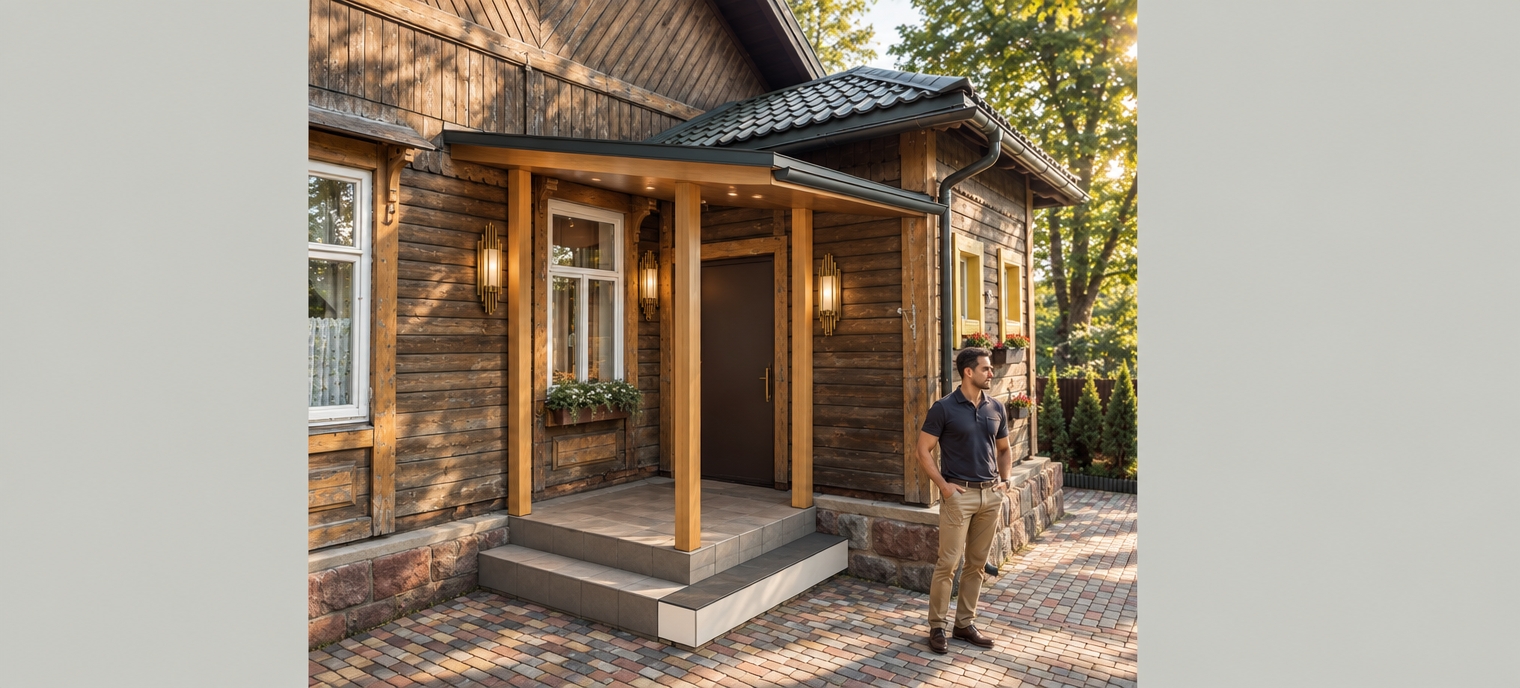 An incredibly lifelike, richly detailed, photorealistic medium-angle architectural photo of a refined exterior entryway integrated into a vintage timber residence, set in a lush, mature garden environment. The scene is illuminated by soft, natural afternoon sunlight, creating a warm, inviting, and nostalgic atmosphere. Captured with a 35mm lens, emphasizing the tactile, weathered grain of the historic wood siding against the sleek, modern precision of the new porch construction.

The design features a striking contrast between the rustic, weathered charm of the home’s traditional horizontal log siding and the contemporary, streamlined elegance of the new porch canopy. The porch’s structural timber posts are finished in a warm, honey-toned stain that complements the aged wood, supporting a sleek, dark-toned roofline that provides sharp, geometric definition. The stairs and landing are finished in high-quality, slip-resistant ceramic tiles, creating a polished transition between the multi-hued, interlocking stone pavers of the courtyard and the home's deep-set threshold. Surrounding the entrance, Art Deco-inspired sensibilities are subtly introduced through refined, metallic sconce fixtures and symmetrical ornamental accents that hint at a sophisticated, glamorous aesthetic hidden just beyond the heavy, matte-finish entrance door. The interplay of textures—the rough, historic timber, the smooth, cool ceramic, and the vibrant, dappled greenery of the surrounding trees—lends the composition a sense of timeless, curated luxury, suggesting a dwelling where storied history meets modern, extravagant comfort.