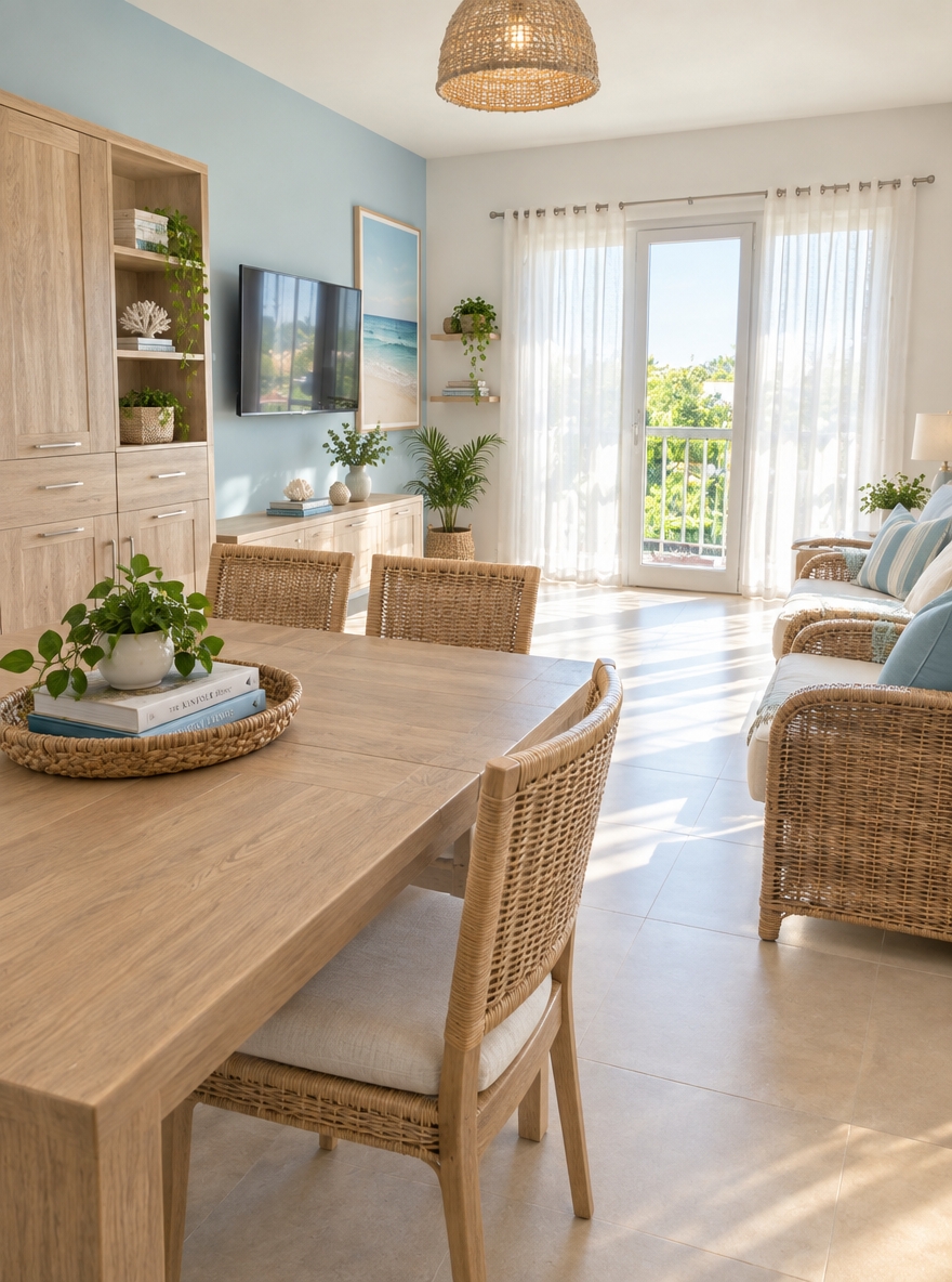 An incredibly lifelike, richly detailed, photorealistic wide-angle interior shot of a transformed coastal living and dining space set in a sun-drenched seaside apartment. The scene is illuminated by warm, diffused morning sunlight pouring through floor-to-ceiling sheer white curtains, creating an airy, fresh, and effortlessly relaxed atmosphere. Captured with a professional 24mm f/4 lens, emphasizing the organic textures of woven wicker armchairs, light-bleached oak dining furniture, and smooth sandy neutral floor tiles. Replacing the previous dark and heavy finishes, the walls are coated in crisp sea-salt white with subtle soft-blue accents, serving as a clean backdrop for a large, evocative seascape wall art piece. Uncluttered surfaces feature curated coastal decor, elegant photography books, and lush potted plants that breathe life into the room, creating an open, sun-kissed sanctuary that seamlessly connects to the breezy, green terrace just beyond the balcony doors.