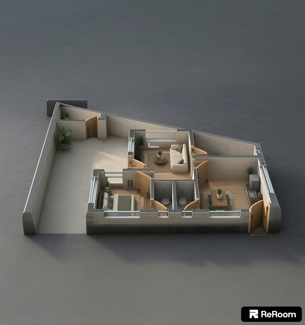 A top-down architectural photograph of this exact floor plan realized as a fully detailed 3D cutaway interior, strictly preserving all wall geometries and room boundaries. The interior features tastefully placed essential furniture, realistic flooring textures, and lush green indoor plants, illuminated by soft natural daylight streaming through the window openings to cast gentle ambient shadows. Shot with an overhead tilt-shift architectural lens, balanced neutral color grading, and realistic material textures.