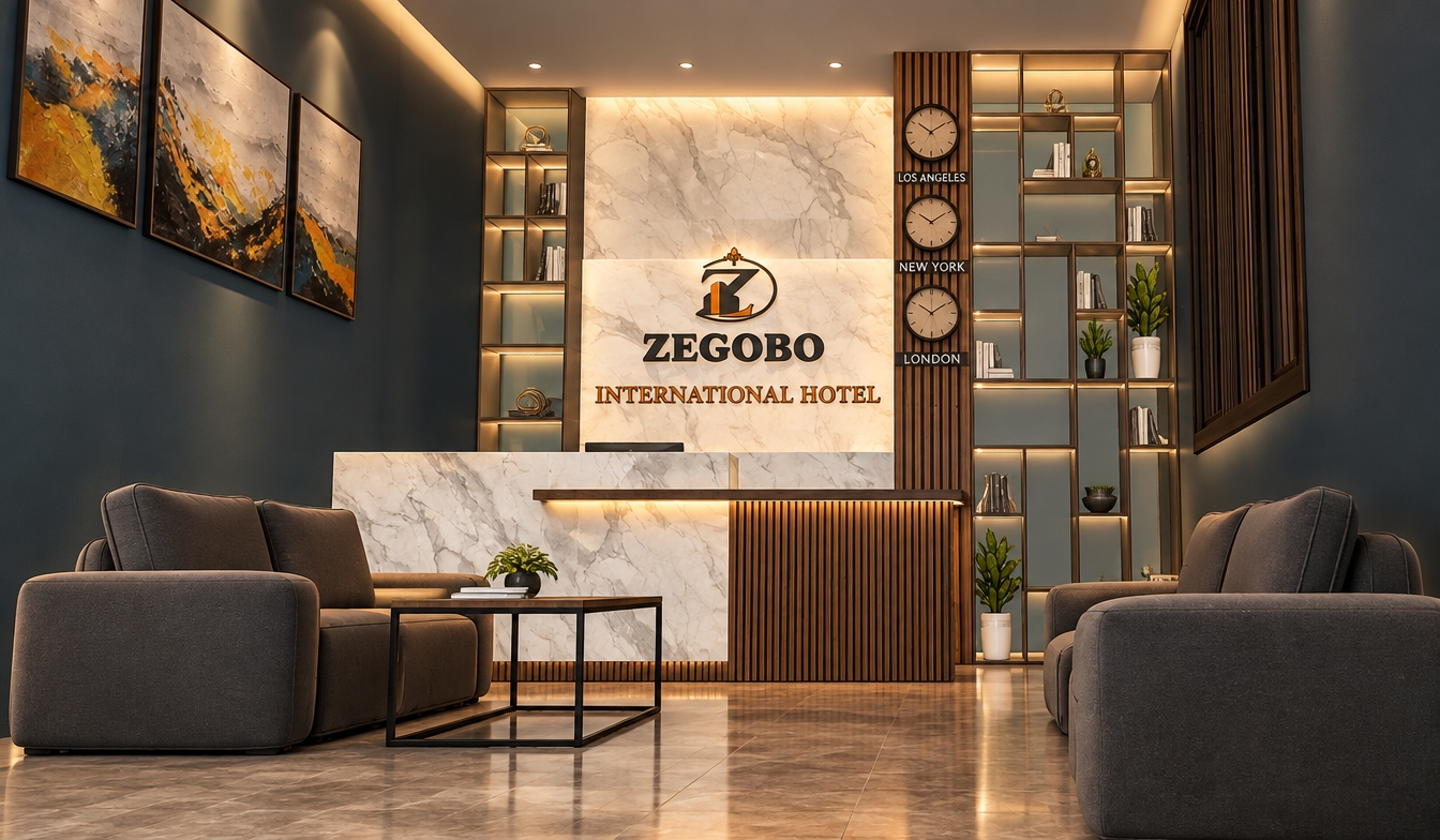 An incredibly lifelike, richly detailed, photorealistic eye-level interior photo of a sophisticated hotel lobby set in an urban luxury environment. The scene is illuminated by warm, soft recessed cove lighting and golden task lights, creating a serene, timeless atmosphere. Captured with a wide-angle 24mm lens on a full-frame camera, emphasizing the sleek textures of polished Calacatta marble and rich, vertical walnut wood slats.

The focal point is an impeccably clean reception desk, blending organic marble veins with dark, linear timber finishes. To the right, a modern open-grid shelving unit houses minimalist indoor plants and a set of classic international time clocks, reflecting a functional yet uncluttered aesthetic. The seating area is anchored by comfortable, low-profile lounge chairs in muted charcoal tones, arranged around a sleek, black-framed teak coffee table. On the deep slate-blue wall, a series of abstract wall art pieces featuring vibrant accents of ochre and burnt orange pulls the entire color palette together. Every surface is pristine, highlighting the mid-century modern influence through clean geometry, organic shapes, and a perfectly curated, high-end hospitality flow.