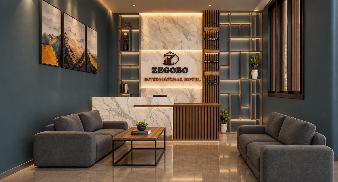 An incredibly lifelike, richly detailed, photorealistic interior shot of a sophisticated hotel lobby set in a serene, urban environment. The scene is illuminated by soft, recessed architectural lighting and warm, ambient glow from hidden LED strips, creating a sleek, mid-century modern atmosphere. Captured with a 35mm wide-angle lens, the image emphasizes the rich, organic grain of the teak wood paneling, the polished veining of white Carrara marble, and the crisp, tactile quality of the muted blue matte wall finish. 

The composition is perfectly balanced, featuring a minimalist reception desk that seamlessly blends Carrara marble with vertical walnut slats. The space is anchored by two plush, charcoal-gray sofas that embody timeless comfort, arranged around a slender, linear walnut coffee table with a matte black frame. Above, a trio of abstract paintings featuring vibrant burnt orange and gold mountain peaks provides a striking focal point against the deep blue walls. The atmosphere is quiet and uncluttered, enhanced by the deliberate placement of lush, vibrant green indoor plants housed in ceramic pots, which offer a refreshing, organic contrast to the linear, geometric metal shelving screens. Every surface is pristine, with the polished floors reflecting the subtle play of light, lending the lobby an aura of refined, professional hospitality.