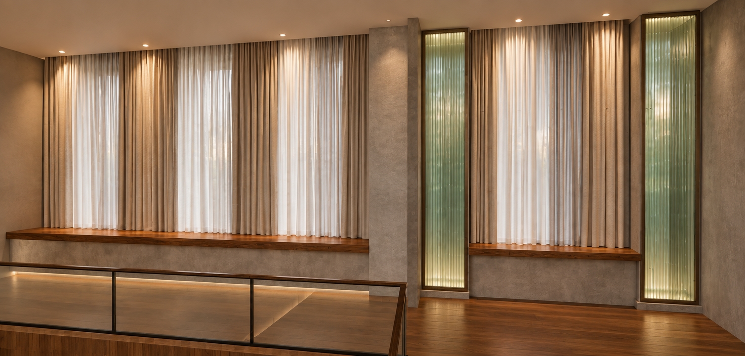 Architectural photograph of the modern interior illuminated by warm artificial downlights casting soft ambient gradients across the space. The pleated drapery reveals fine fabric weave and gentle shadowing, while the polished wooden counter displays rich natural grain and subtle specular highlights. The concrete columns and base exhibit a smooth, matte finish, complemented by the tall vertical niches with soft green fluted glass catching warm ambient reflections. Shot with a sharp architectural lens, the image features authentic glass refractions, faint dust particles, realistic surface textures, balanced interior exposure, and natural photographic depth while precisely preserving the existing layout and composition.