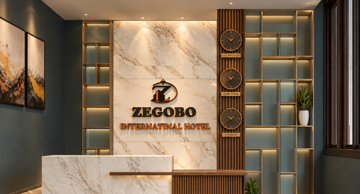 An incredibly lifelike, richly detailed, photorealistic interior shot of a boutique hotel lobby set in a modern urban environment. The scene is illuminated by warm, recessed accent lighting that highlights the natural veining of the book-matched Calacatta marble backdrop, creating a sophisticated and welcoming atmosphere. Captured with a 35mm lens, the composition emphasizes the clean, linear geometry of the space, blending the richness of walnut wood slats with the cool, muted blue undertones of the walls.

The focal point is the sleek, functional reception desk clad in white marble, accented by a deep walnut base that grounds the design in mid-century modern sensibility. To the right, an architectural shelving unit features an organic, asymmetrical pattern, housing a vibrant potted succulent that adds a touch of life to the clutter-free environment. On the adjacent charcoal-toned wall, large-format abstract art pieces draw the eye, mirroring the earth tones and burnt oranges found in the brand signage. A series of brass-rimmed world clocks, mounted vertically on a rhythmic teak panel, serves as a functional, iconic nod to the hotel's international nature. The overall aesthetic is one of timeless, uncluttered elegance, where high-end stone finishes meet warm timber textures, resulting in a perfectly balanced, sophisticated traveler’s sanctuary.