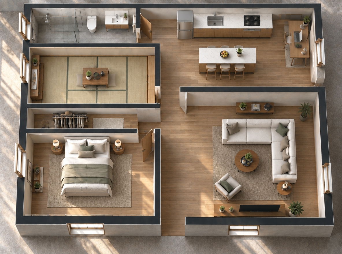 An incredibly lifelike, richly detailed, photorealistic top-down architectural photograph of a stylish, open-concept apartment set in a serene modern residence. The scene is illuminated by soft, diagonal morning sunlight streaming through open window frames, creating a peaceful, airy, and inviting atmosphere. Captured with a high-resolution tilt-shift lens from a clean bird's-eye perspective, emphasizing the honey-toned hardwood grain, woven rugs, and smooth stone surfaces.
In this minimalist haven, the spacious living room features an inviting cream-toned modular sofa surrounding a round wood coffee table, with a dedicated, tidy wooden study desk arranged neatly in the upper-right corner for a productive workspace. Flowing effortlessly across the warm timber floors, the kitchen displays a balanced, streamlined layout where a sleek stainless-steel refrigerator is positioned conveniently to the left of the kitchen counter and sink, complemented by a marble-topped island with breakfast bar seating. The entire interior breathes understated elegance, accented by curated indoor greenery, muted earth tones, and harmonious Japanese-Scandinavian design elements throughout.