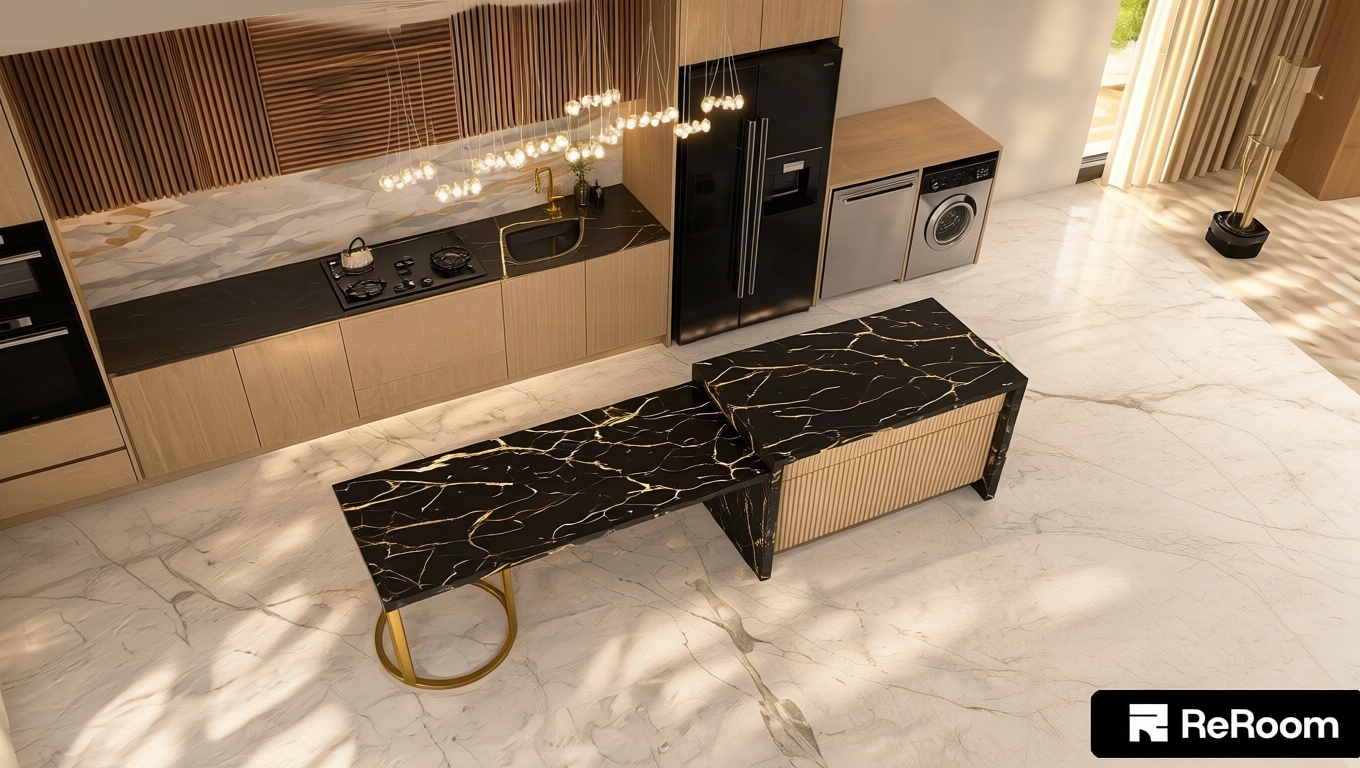 An interior architectural photograph of this kitchen scene, maintaining the exact layout, geometry, and composition with natural photographic realism. Shot on a 35mm architectural lens, the space is balanced with soft, warm interior lighting cast from the sculptural pendant fixture and the under-cabinet LED strip. The black marble island features authentic depth with delicate golden veining and sharp specular highlights, contrasting against the ribbed timber cabinetry and brushed brass base. Textures are rendered with physical accuracy, showcasing realistic reflections across the gloss black refrigerator, brushed stainless steel appliances, and fine grain across the slatted wooden upper cabinets, all grounded on a matte white veined marble floor with subtle photographic grain and natural falloff.