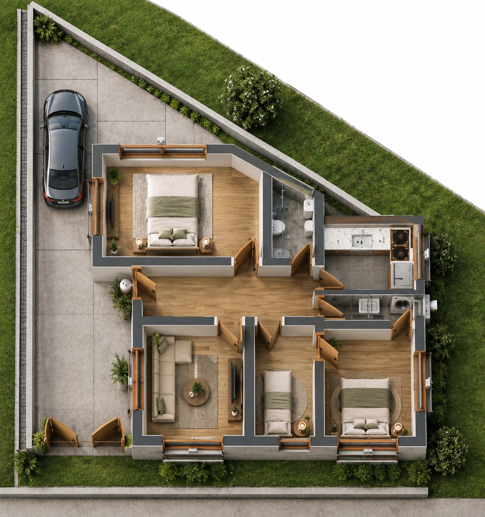 A high-angle, top-down architectural photograph capturing this exact floor plan realized as a fully detailed 3D cutaway model, strictly preserving the layout, walls, and openings. The triangular outdoor space is landscaped with lush lawn, paved driveway textures, and a parked car. The interior reveals hardwood and tiled floors fitted with a fabric sofa, a neatly dressed bed, a modern equipped kitchen with polished countertops, a contemporary tiled bathroom, and a warm corridor. Soft, natural daylight pours from above, creating realistic ambient shadows and depth, shot with a sharp 50mm lens, authentic micro-textures, and a neutral, realistic color palette.
